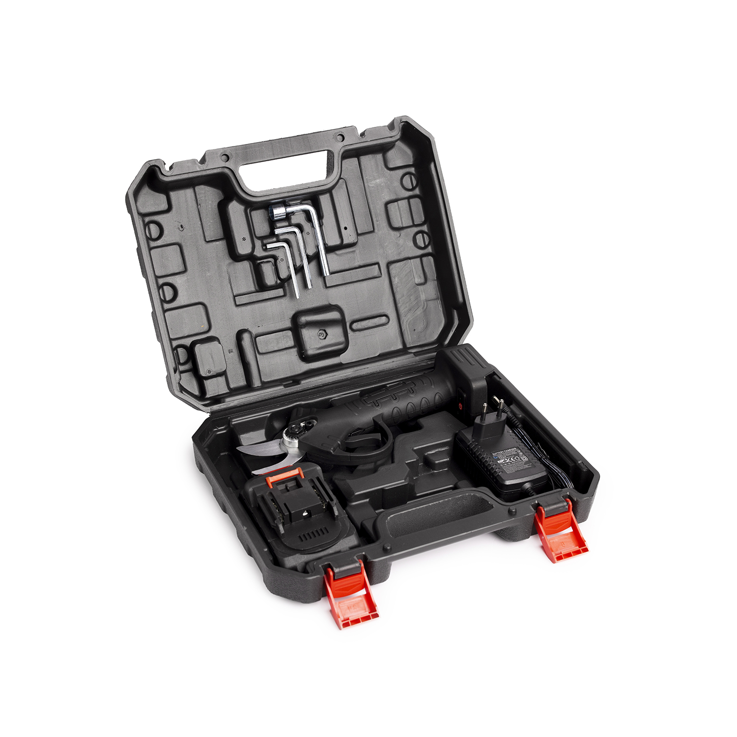 Gereedschapskist met gereedschap. Inclusief batterij, oplader, sleutel en ander gereedschap.
