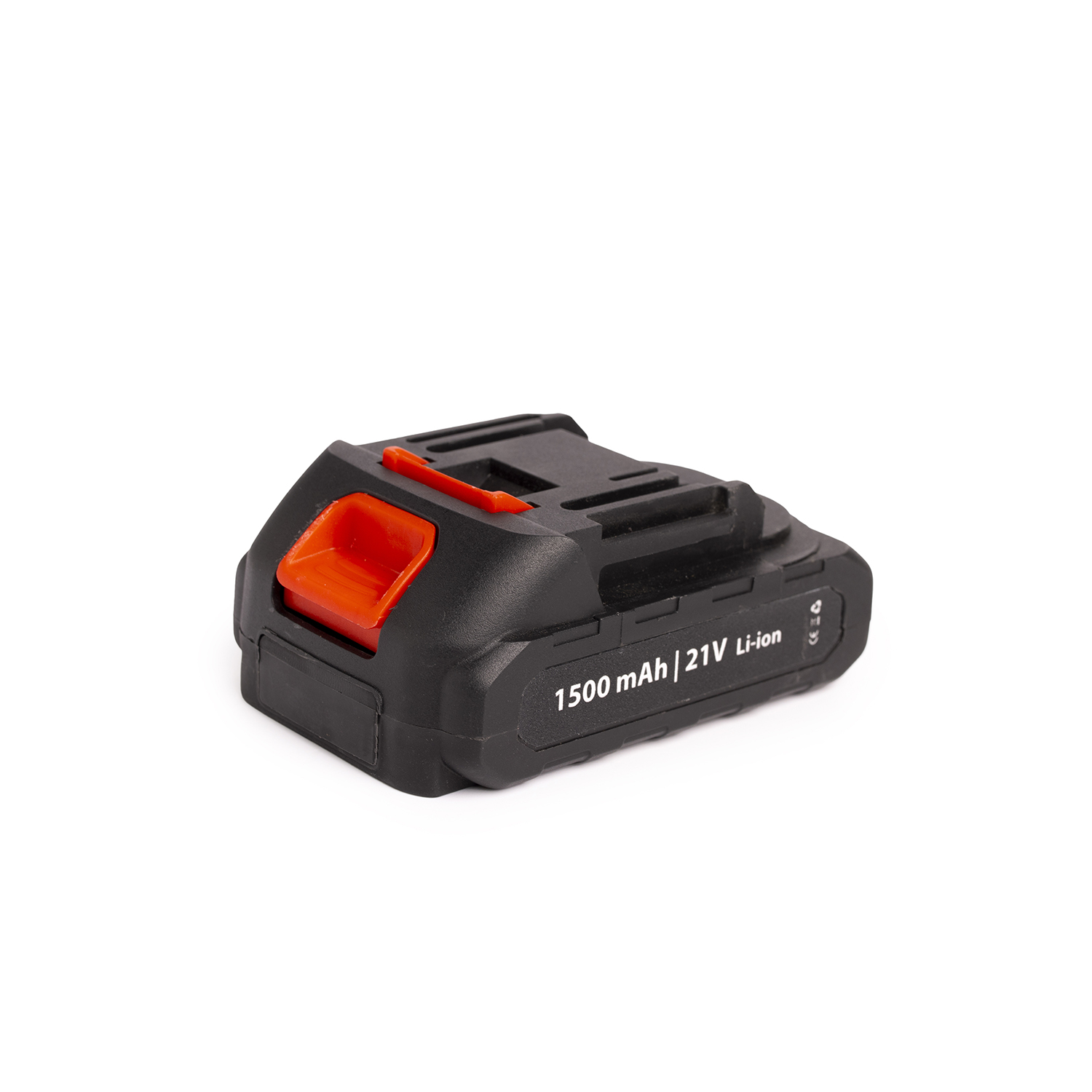 Zwart en oranje batterijpakket. Zwarte behuizing, oranje knop. Witte achtergrond.