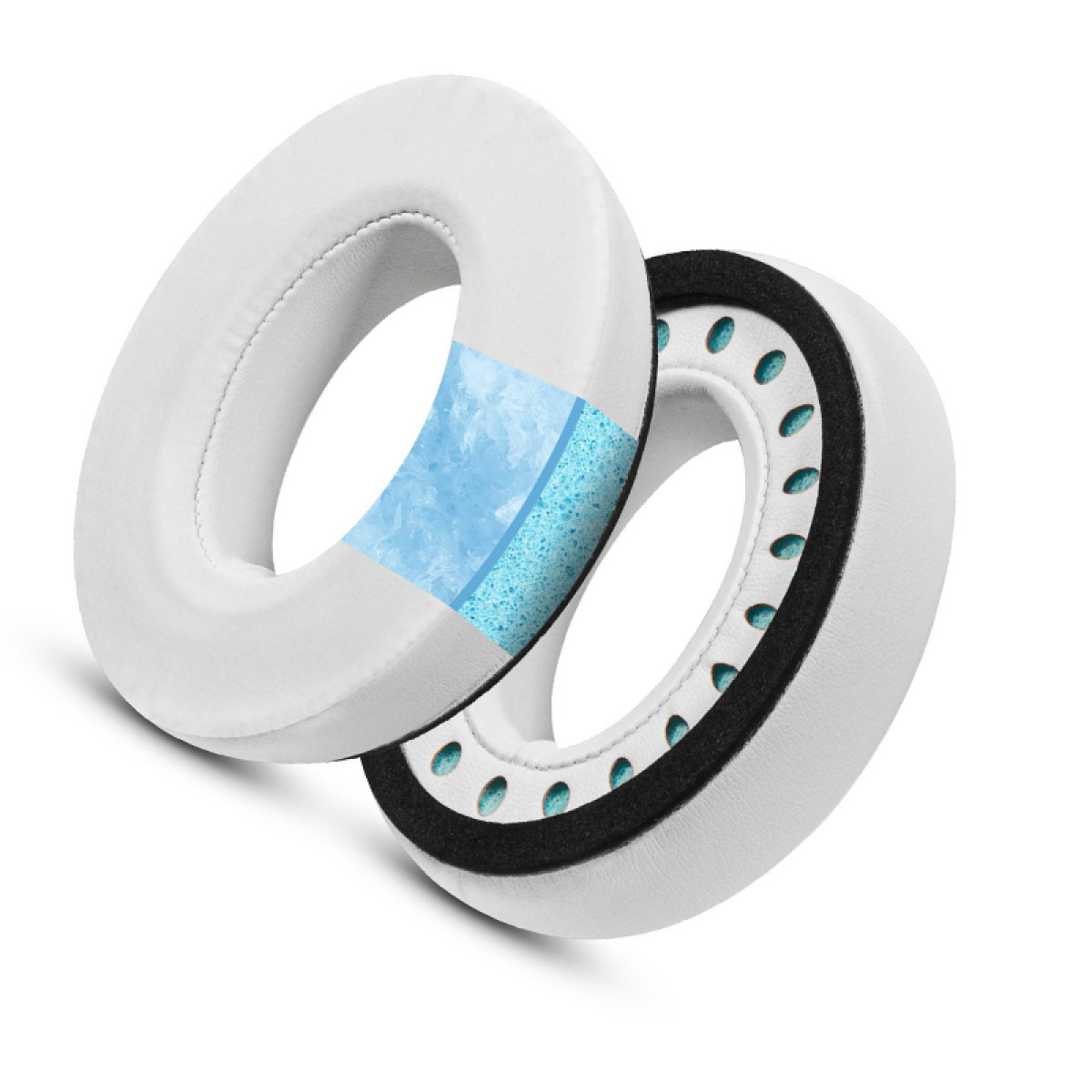 Due cuscinetti auricolari bianchi per cuffie con interno blu a spugna.