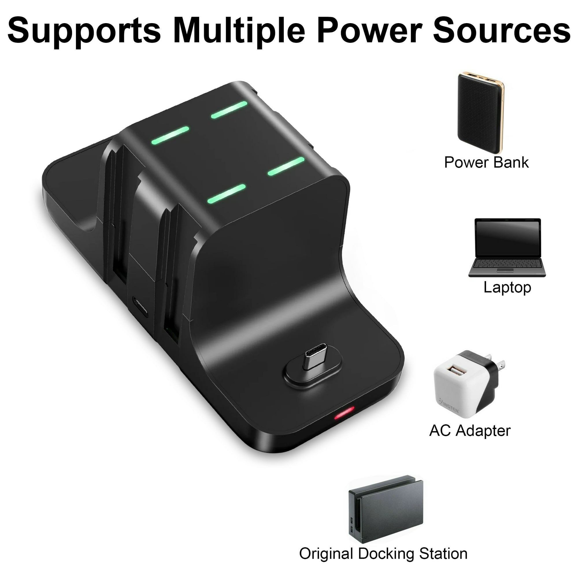 Schwarze Dockingstation mit mehreren Stromquellen und Text. Powerbank und Laptop.