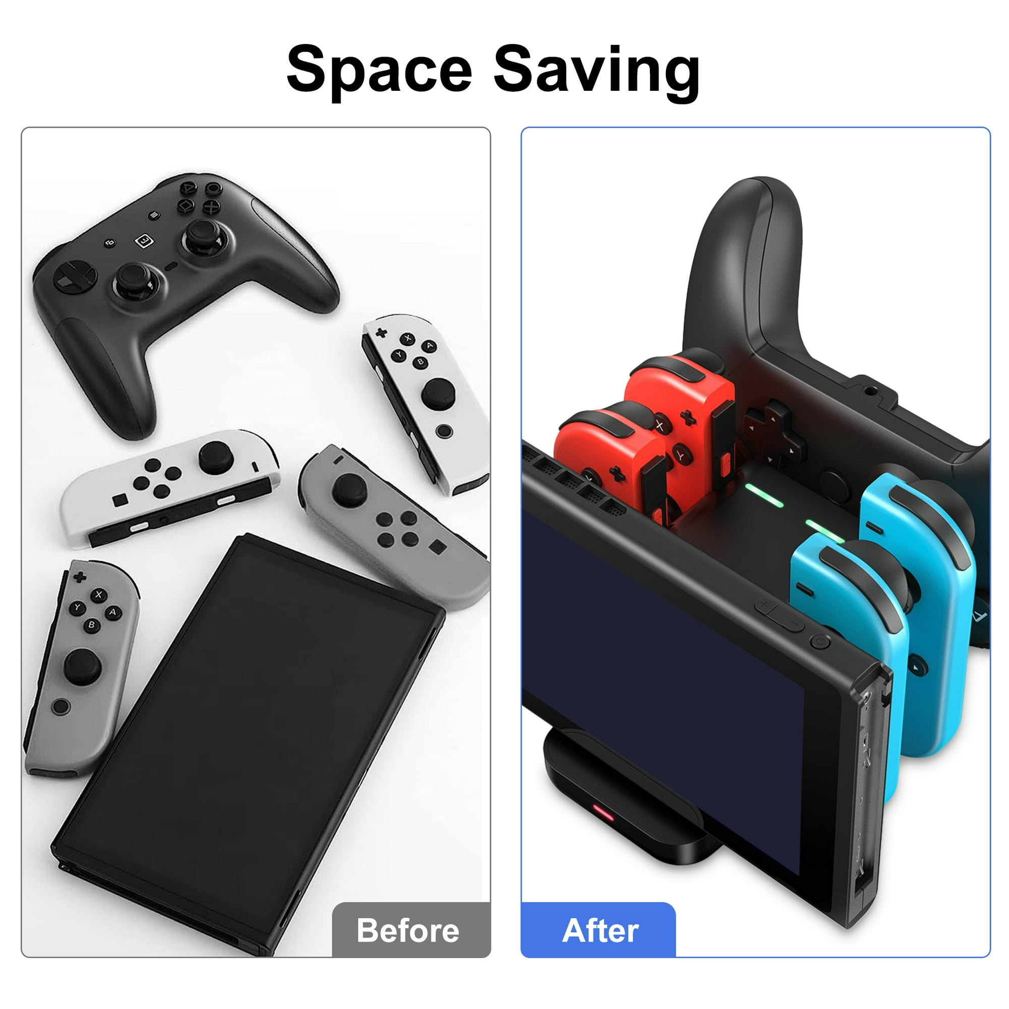 Bild zeigt Vorher/Nachher von Gamecontrollern und Konsole, platzsparendes Konzept.