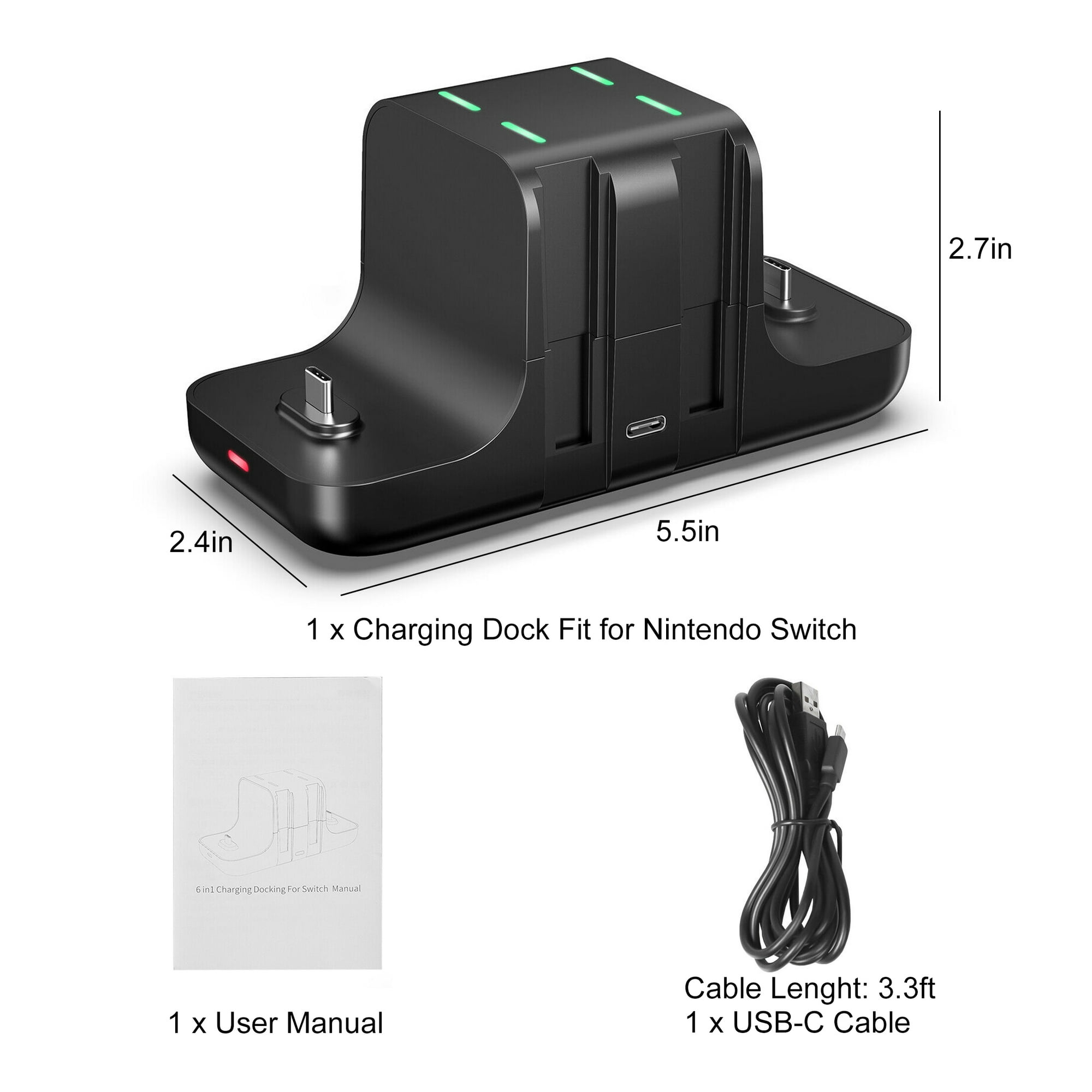 Schwarze Ladestation für eine Nintendo Switch, mit Bedienungsanleitung und USB-C-Kabel.