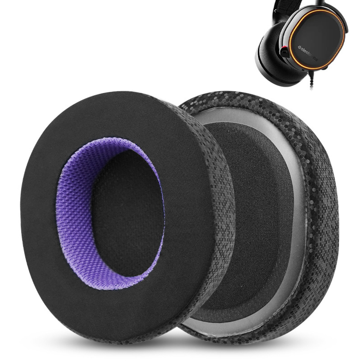 Cuscinetti auricolari per cuffie, neri con accenti viola, su sfondo bianco.
