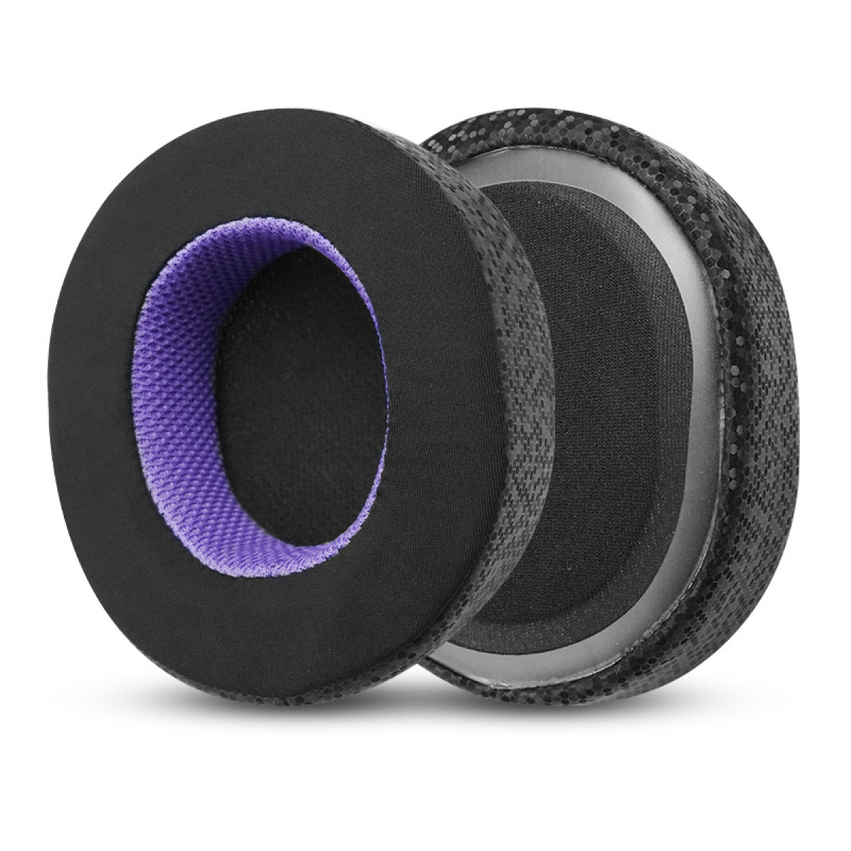 Due cuscinetti auricolari per cuffie neri con tessuto viola all'interno.
