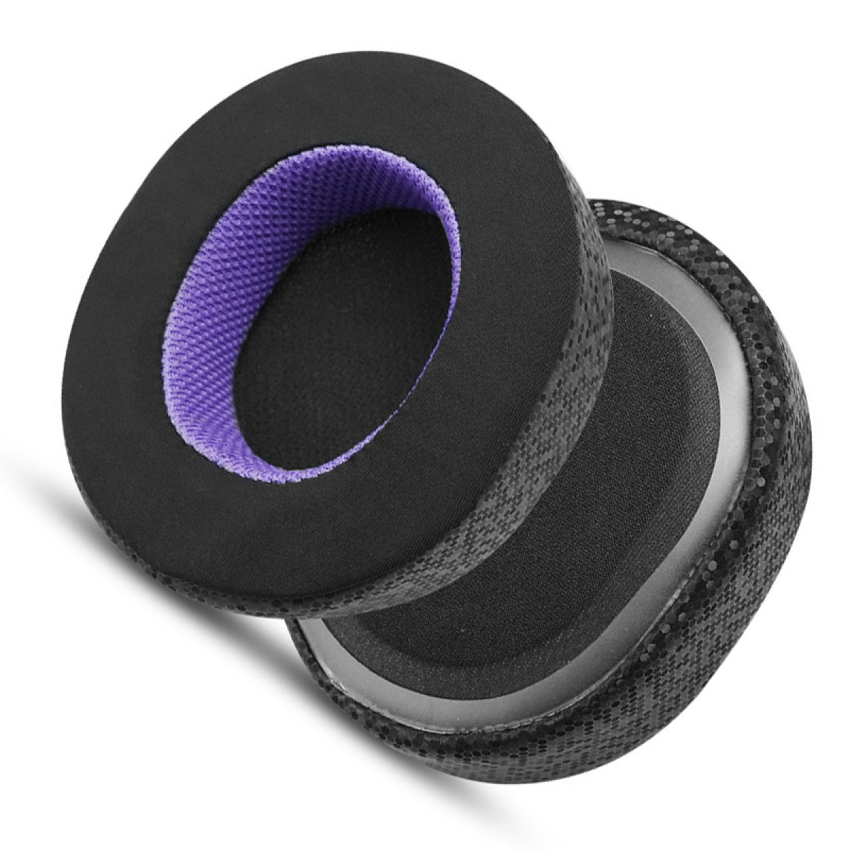 Due cuscinetti auricolari neri e grigi, uno con interno viola, isolati su sfondo bianco.