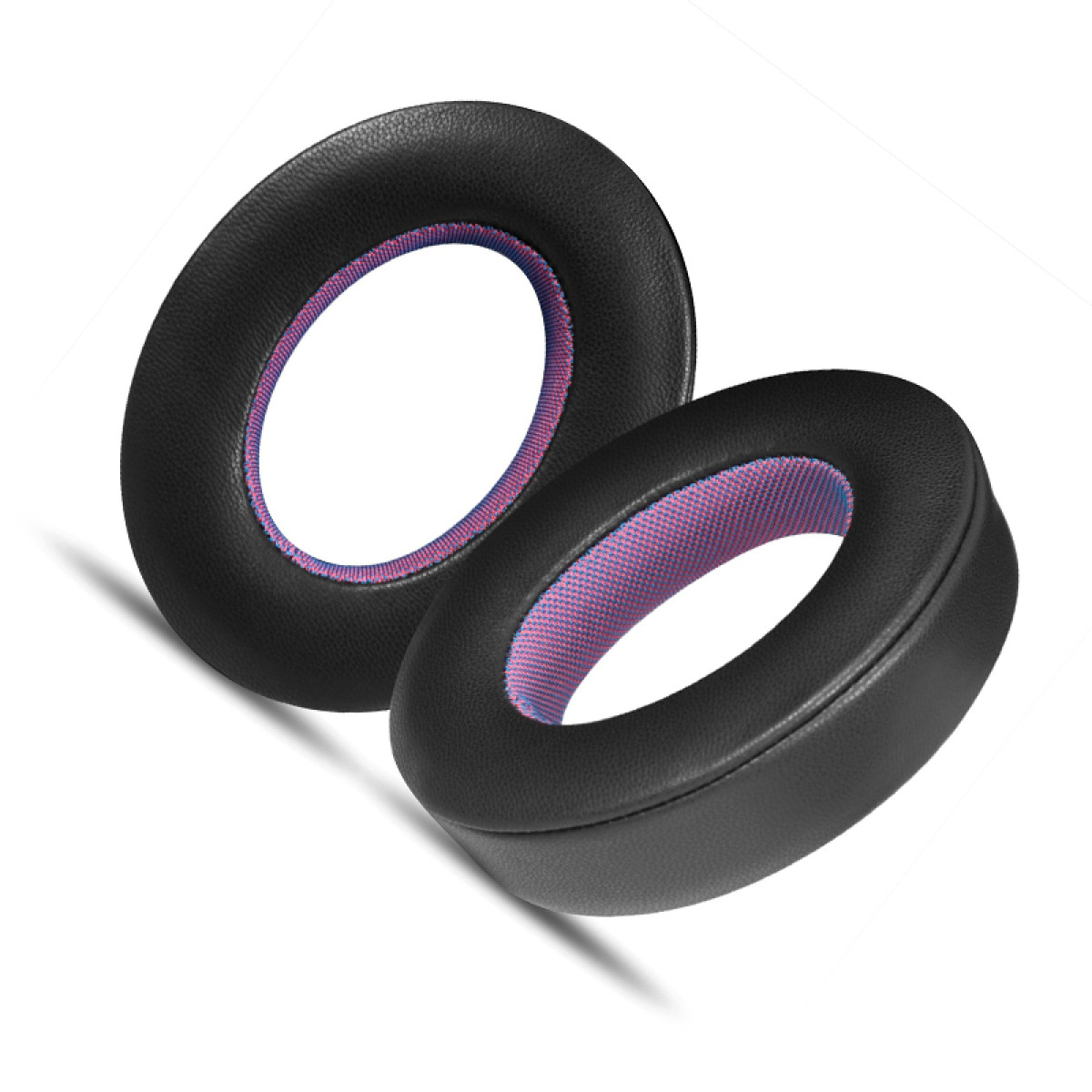 Zwei schwarze Ohrpolster mit blau-rosa Innenseite. Die Polster sind kreisförmig.