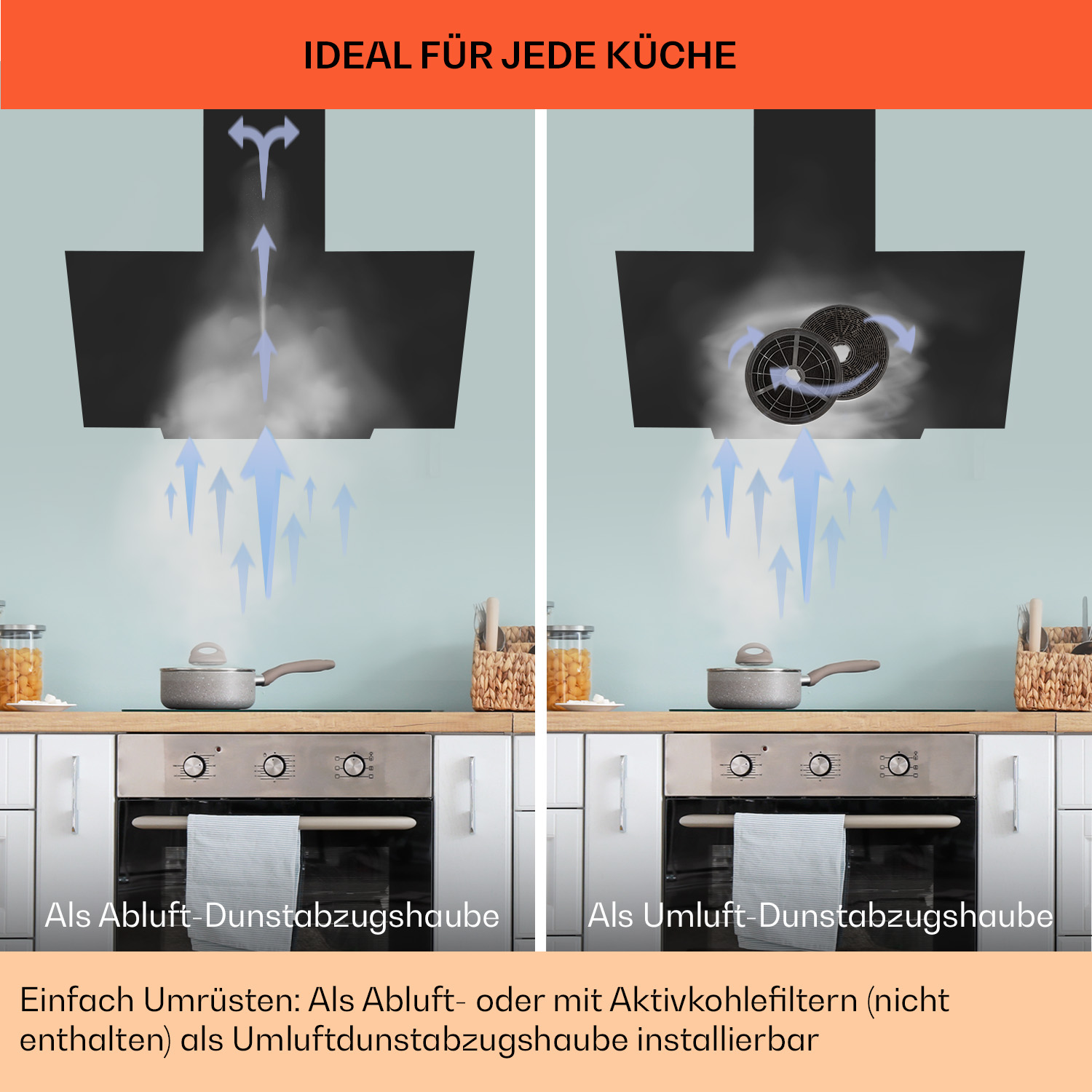 Campana de cocina con dos diagramas de flujo de aire: extracción y recirculación.
