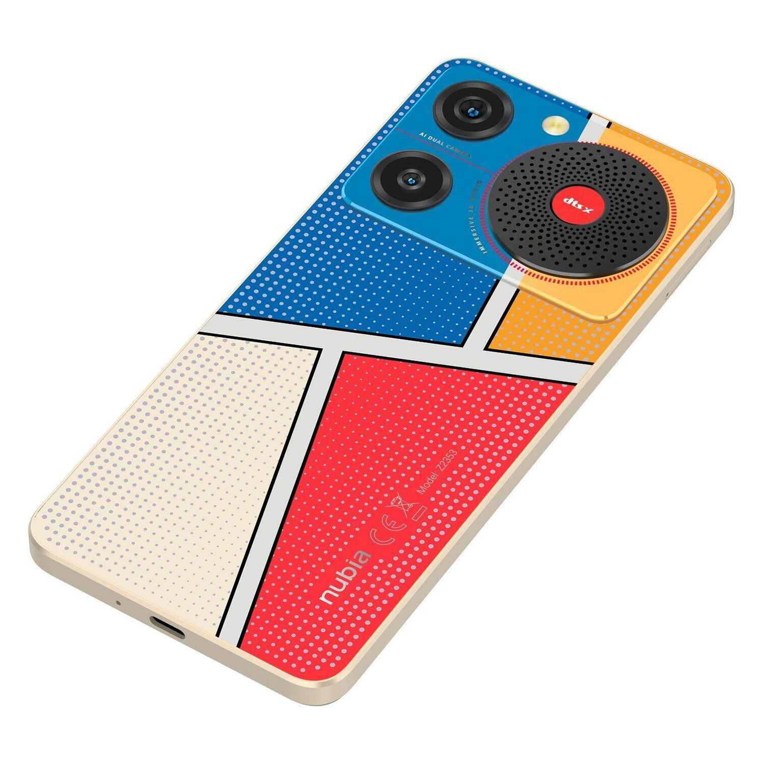 Uno smartphone colorato con un design posteriore a motivi unico, con più fotocamere.