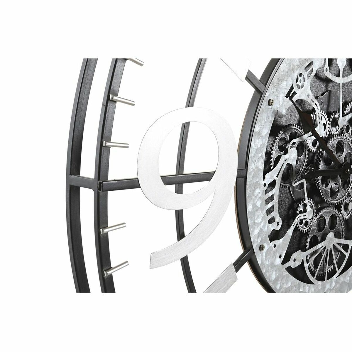 Metallische Uhr mit Uhrwerk, schwarzem Rahmen und großer weißer Zahl 9.