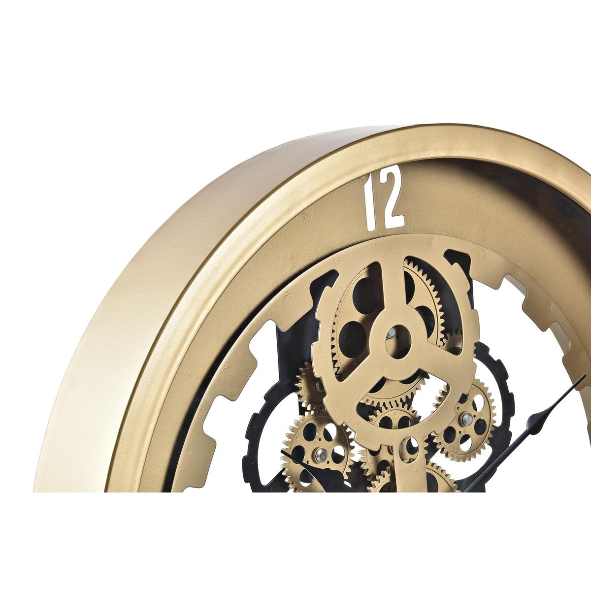 Orologio color oro con ingranaggi visibili e il numero 12. Dettagli del meccanismo interno sono visibili.