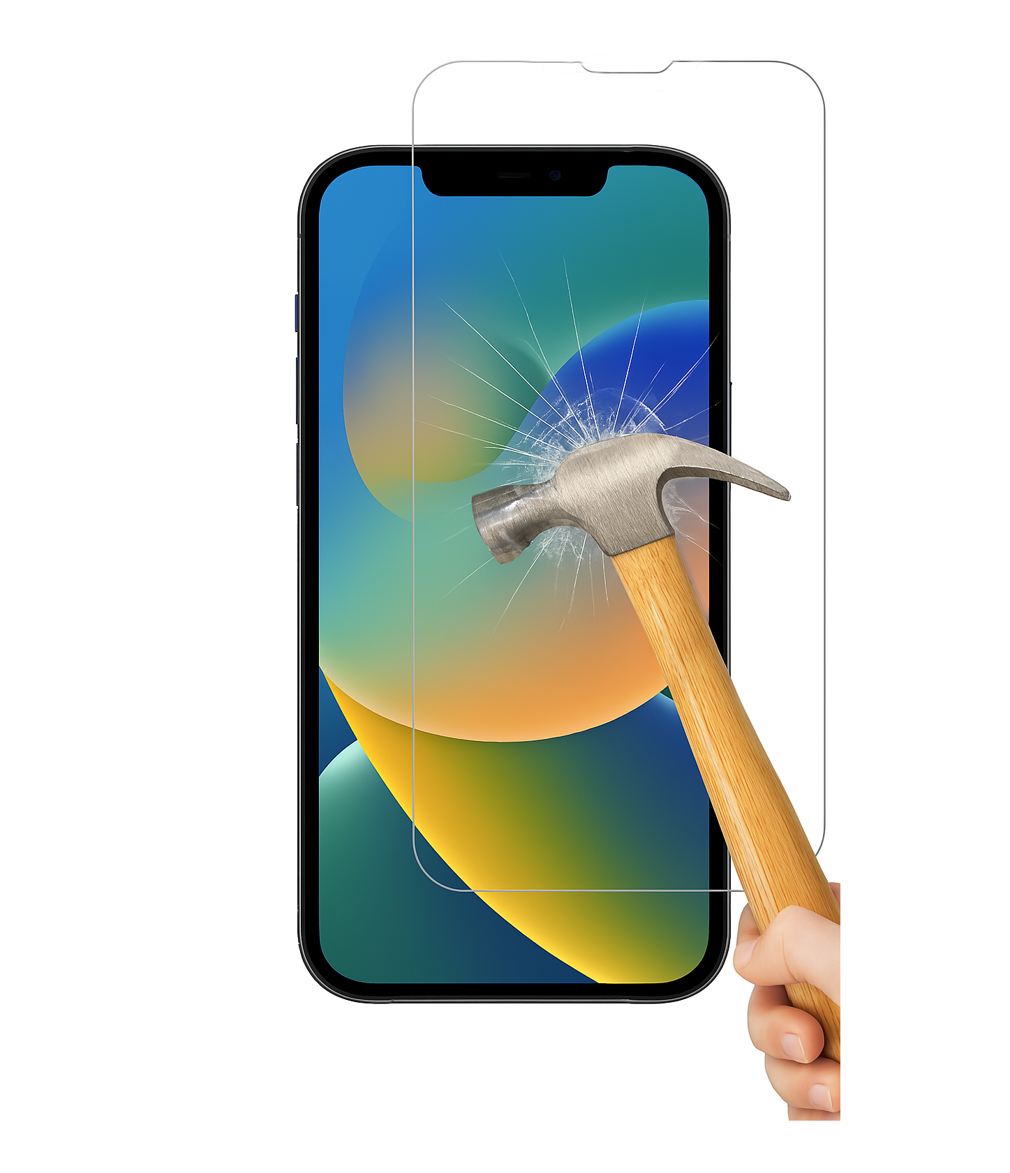 Hand mit Hammer, der einen Bildschirm mit Glasschutz zerschlägt.
