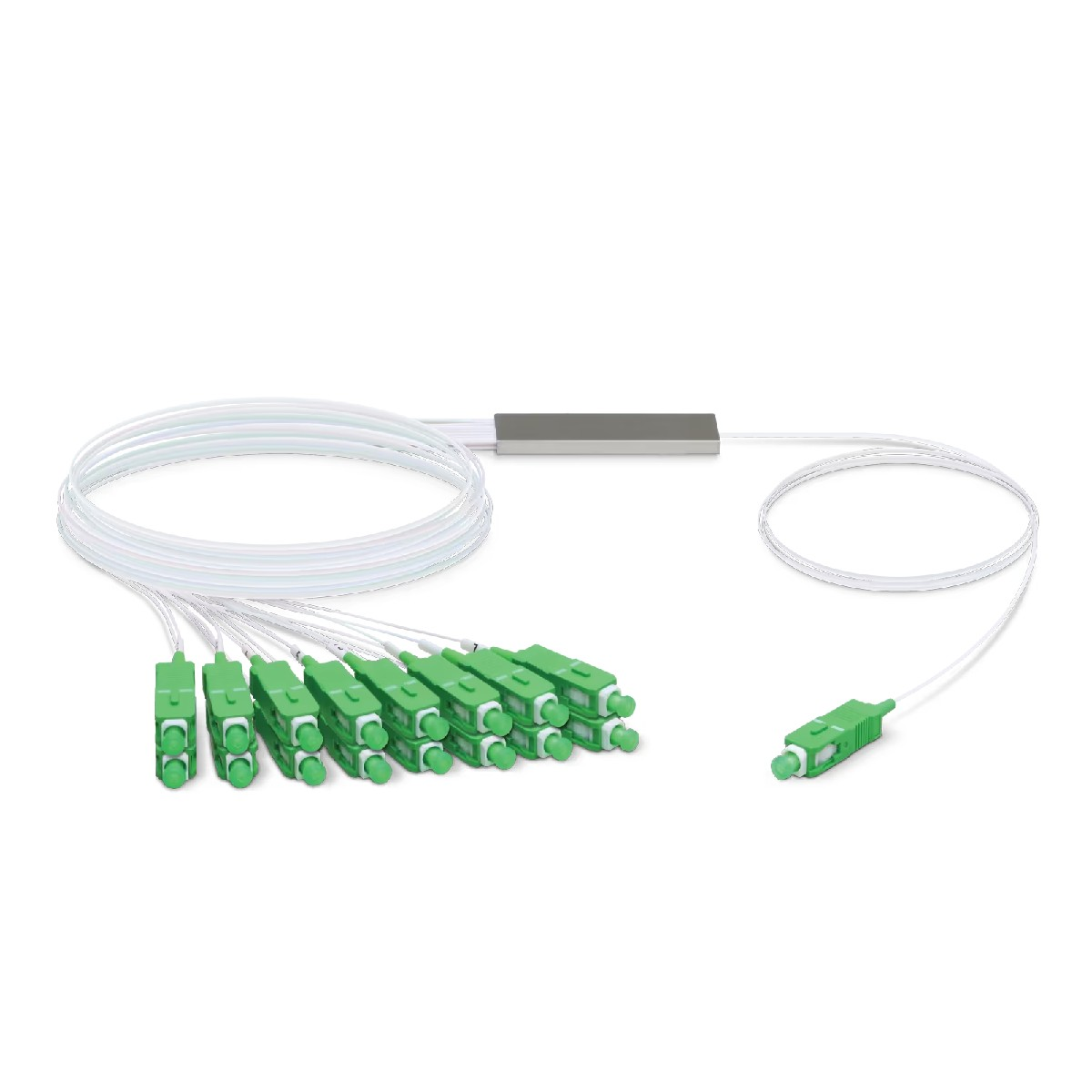 Splitter in fibra ottica verde con più connettori. Sfondo bianco.
