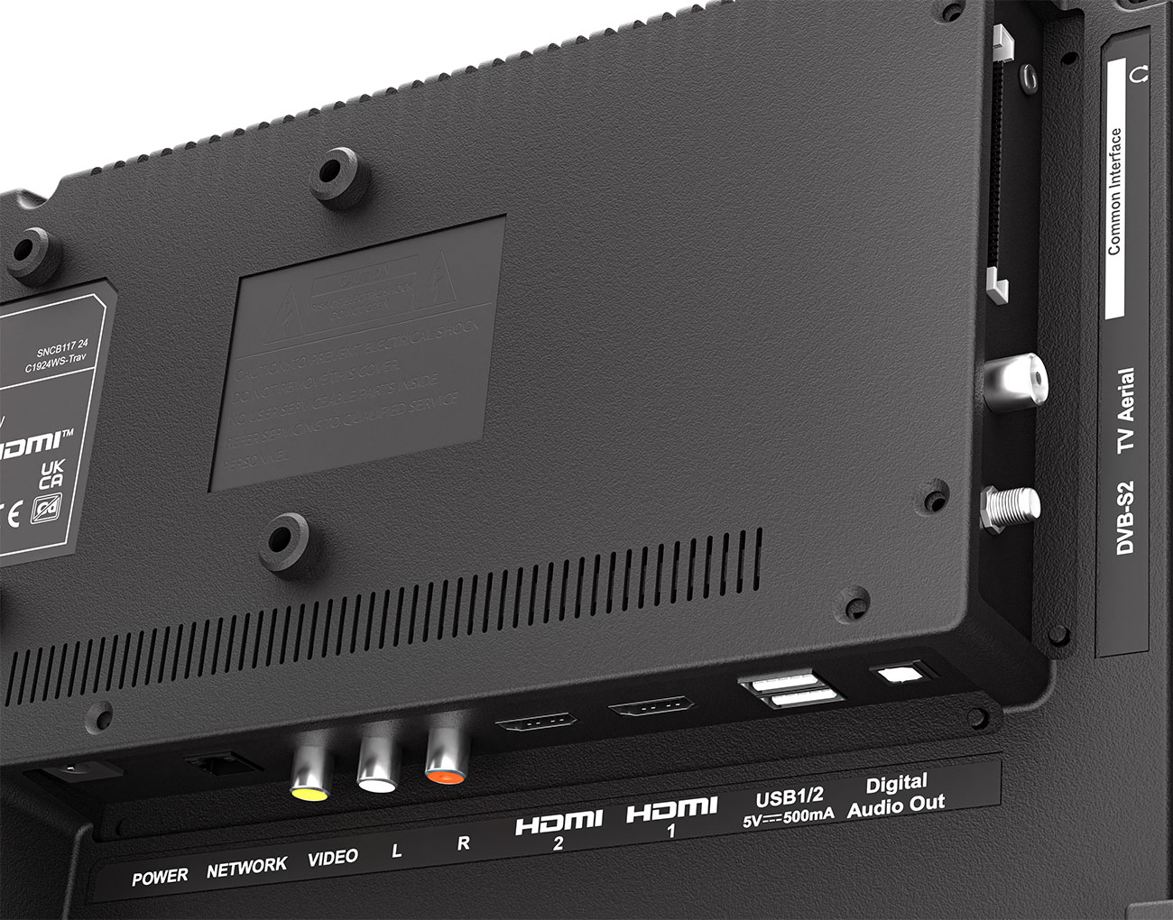 Nahaufnahme der Rückseite eines schwarzen Fernsehers. Verschiedene Anschlüsse, einschließlich HDMI, USB und Antenne.