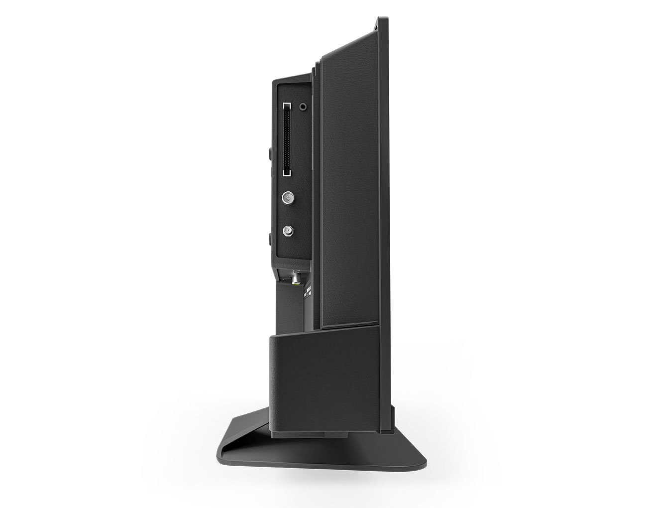 Ein schwarzer TV-Bildschirm mit Seitenansicht, mit Anschlüssen und Verbindungen auf der Rückseite.