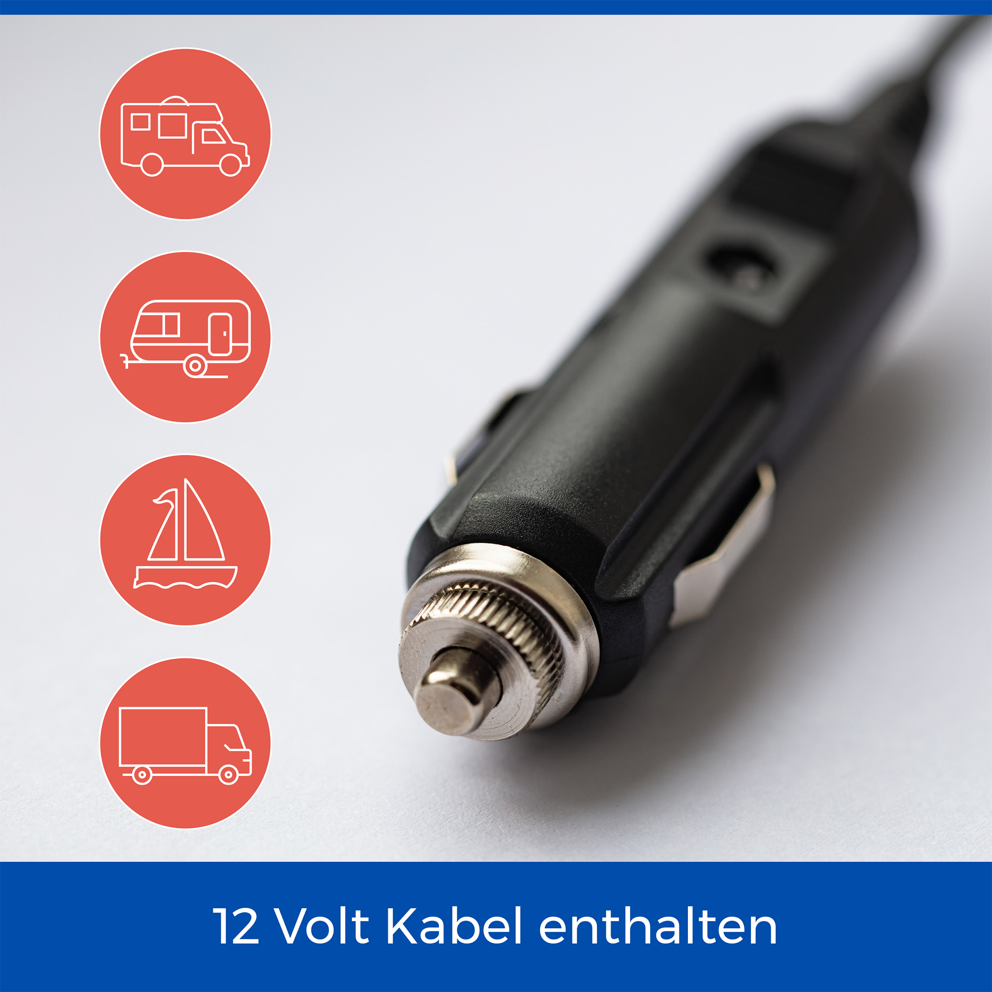 Ein schwarzes 12-Volt-Kabel mit Stecker, umgeben von Fahrzeugsymbolen.