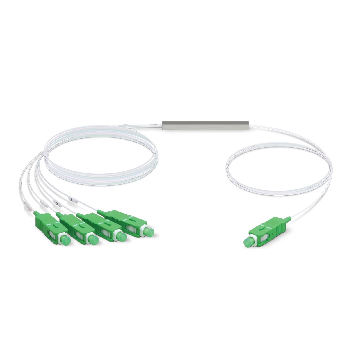 Uno splitter in fibra ottica bianco con cinque connettori verdi. Sfondo bianco.