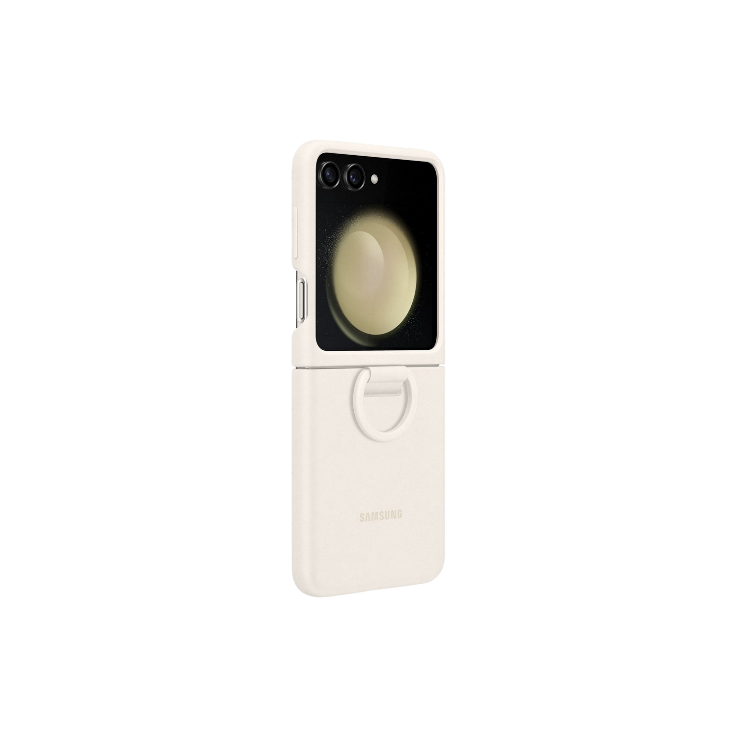 Białe etui na telefon z pierścieniem, widoczny ekran, czarne tło.