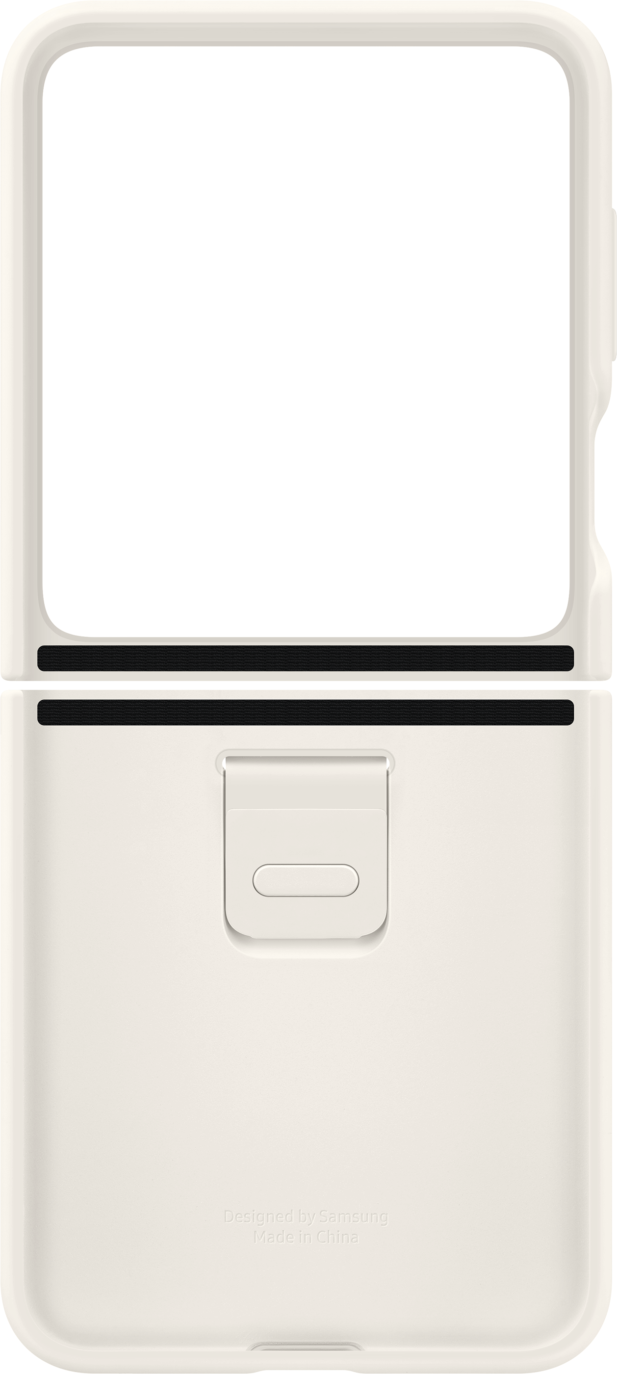 Kremowe etui na telefon, otwarte, pokazujące tył i logo.