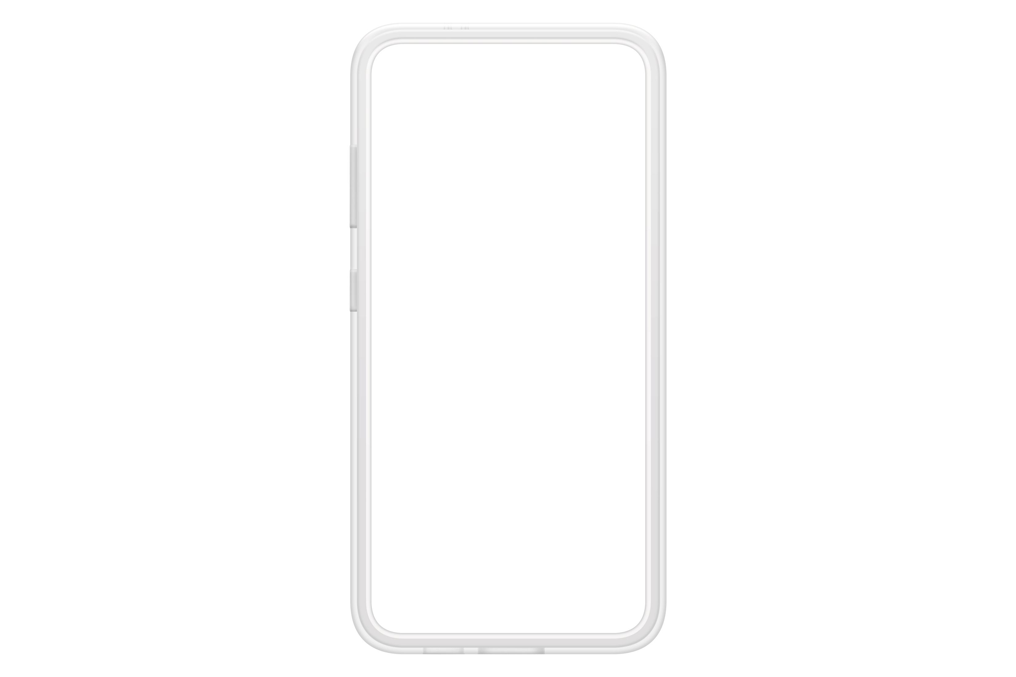 Coque de téléphone transparente sur fond blanc. La coque est vide, avec une découpe pour la caméra du téléphone.