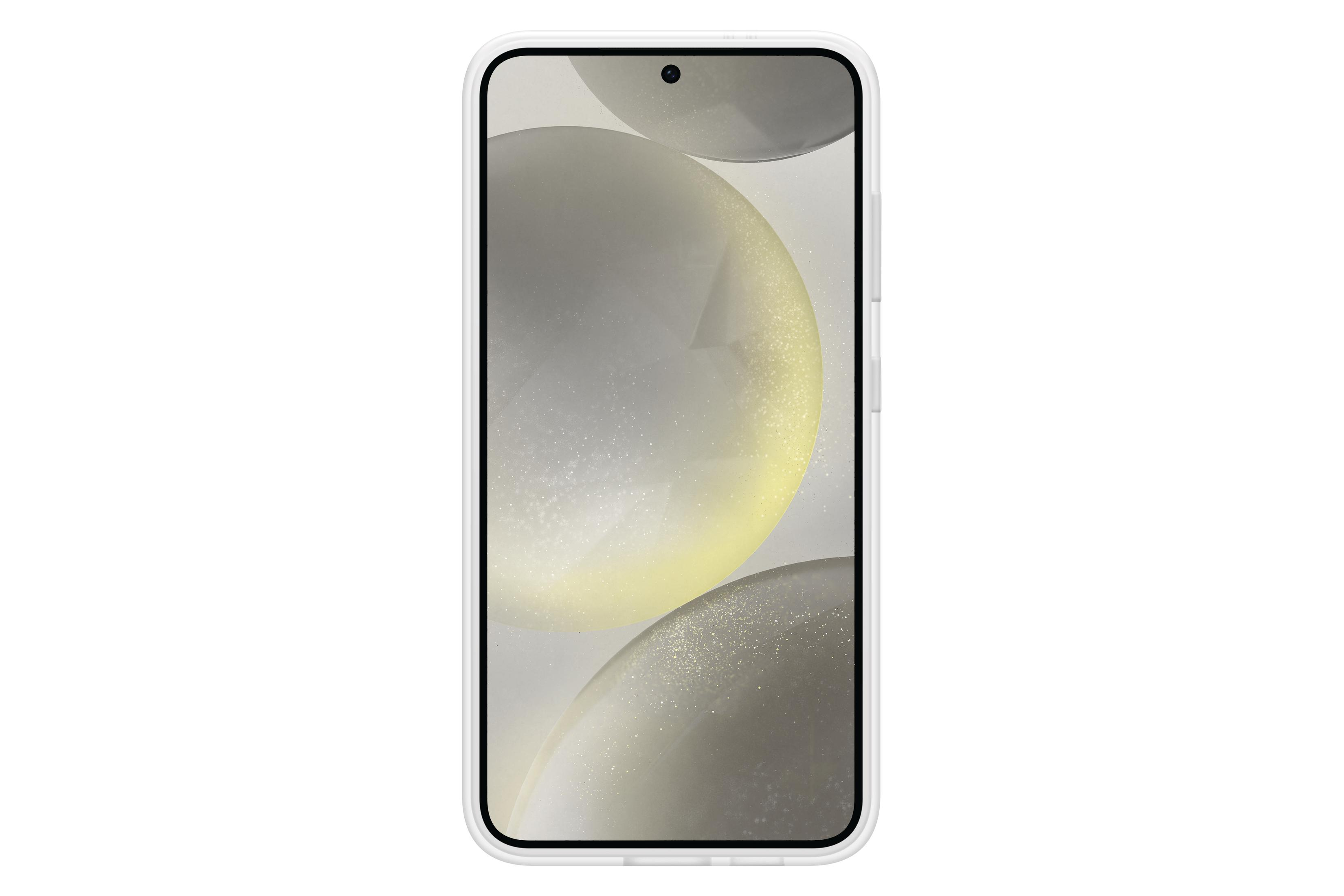 Une coque de téléphone blanche avec un écran affichant des sphères floues blanches et jaunes.