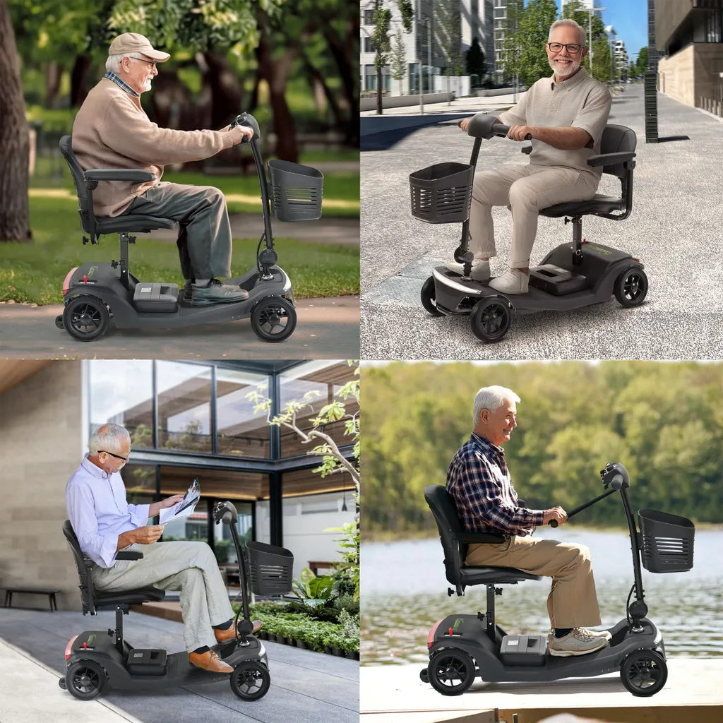 Vier Bilder von älteren Menschen auf Mobilitätsrollern in verschiedenen Außenumgebungen.