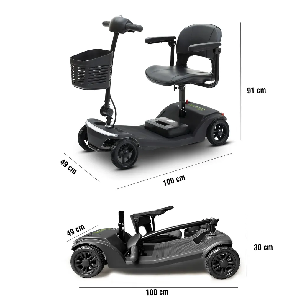 Schwarzer Mobilitätsroller mit Korb, Sitz und beschrifteten Abmessungen.