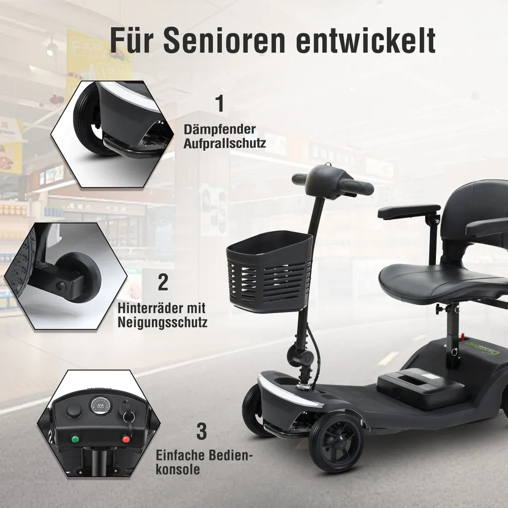 Mobilitätsscooter mit Korb und einfacher Bedienung. Details von Rädern und Konsole.