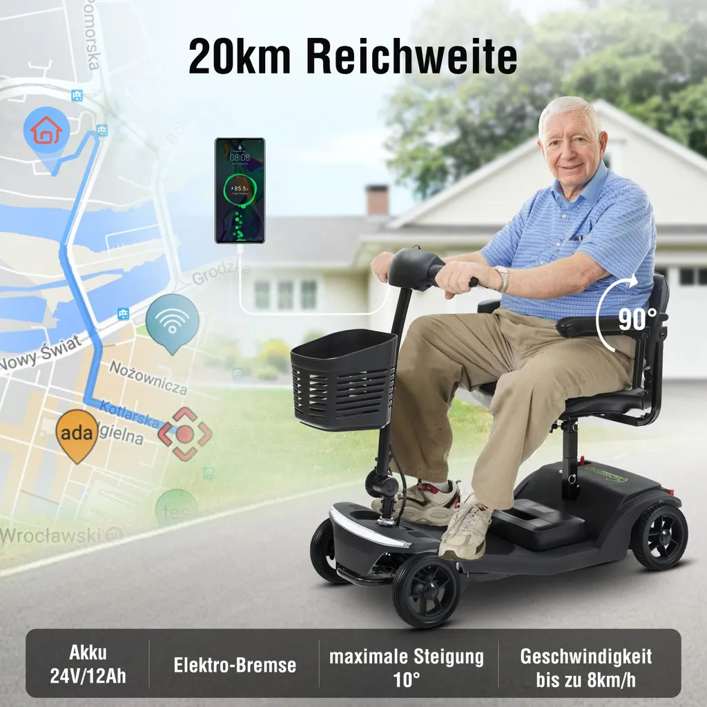Älterer Mann auf einem Mobilitätsroller, Karte im Hintergrund, Produktdetails.
