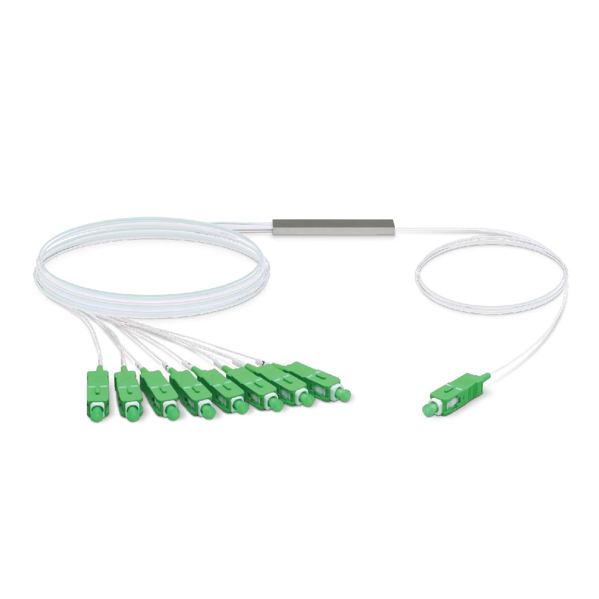 Splitter in fibra ottica con connettori verdi e cavi bianchi, sfondo bianco.