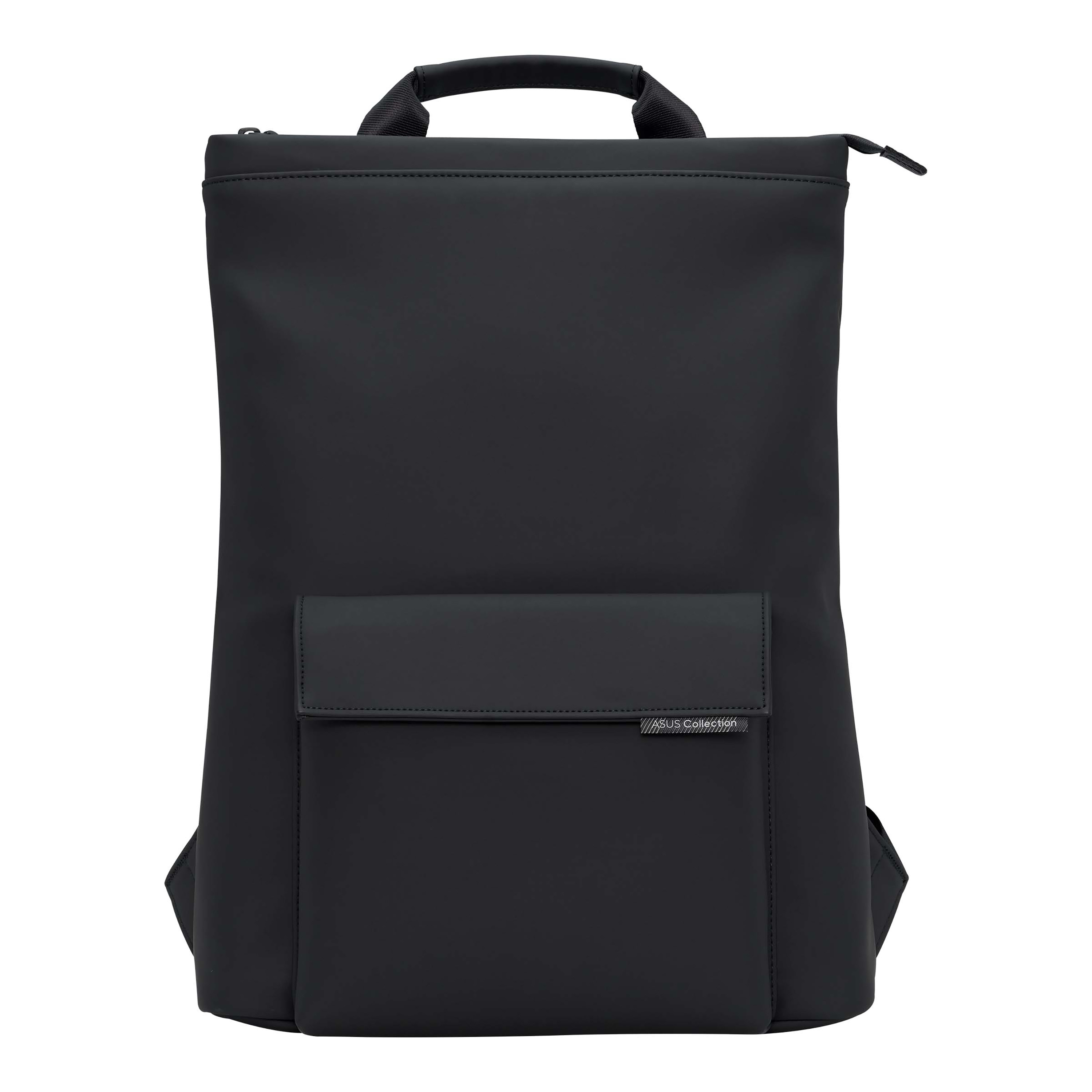 Zaino nero con tasca frontale e maniglia sulla parte superiore. Il marchio 'ASUS Collection' è visibile.