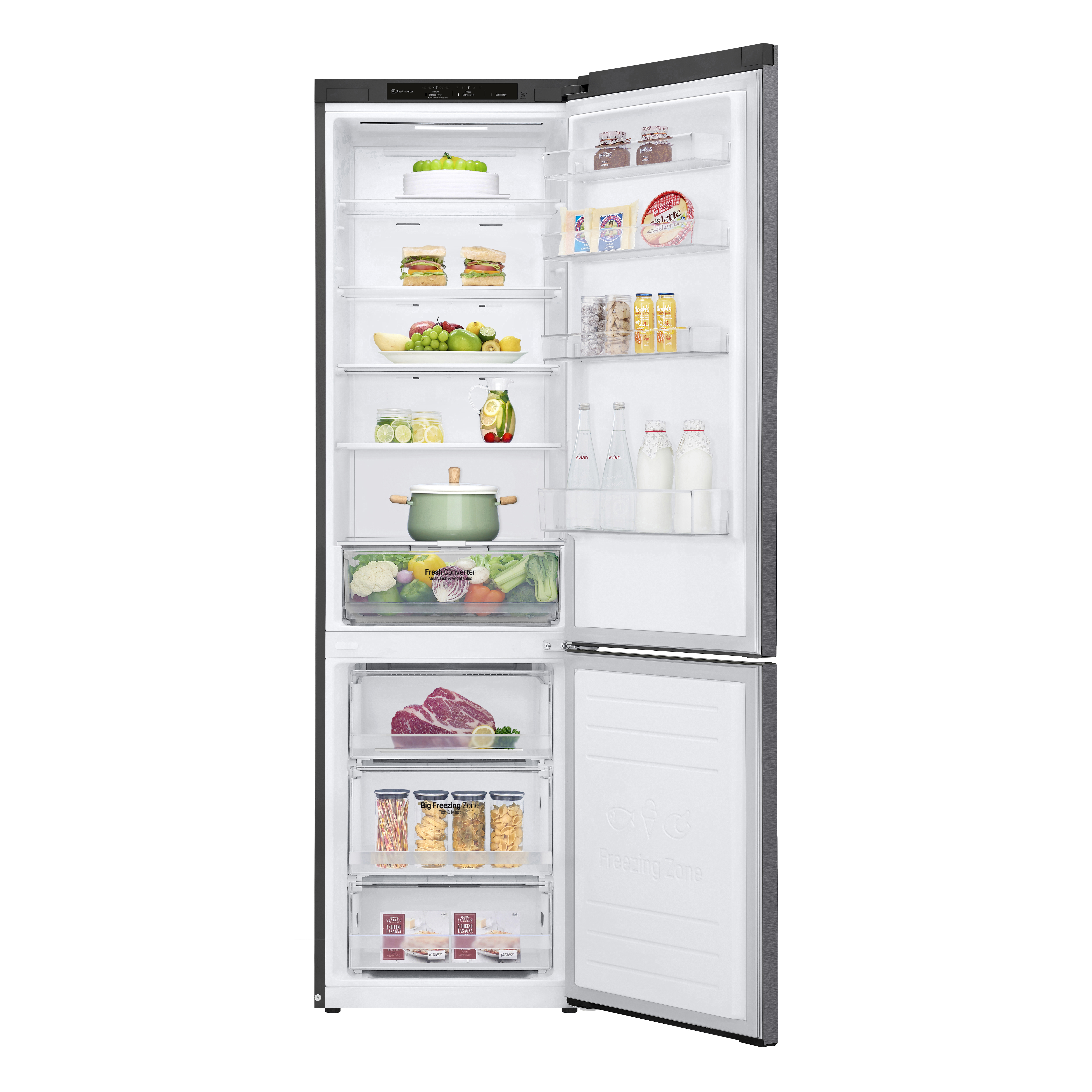 Frigorifero aperto con cibo visibile: verdure, bevande e surgelati. Porta grigia, interno bianco.