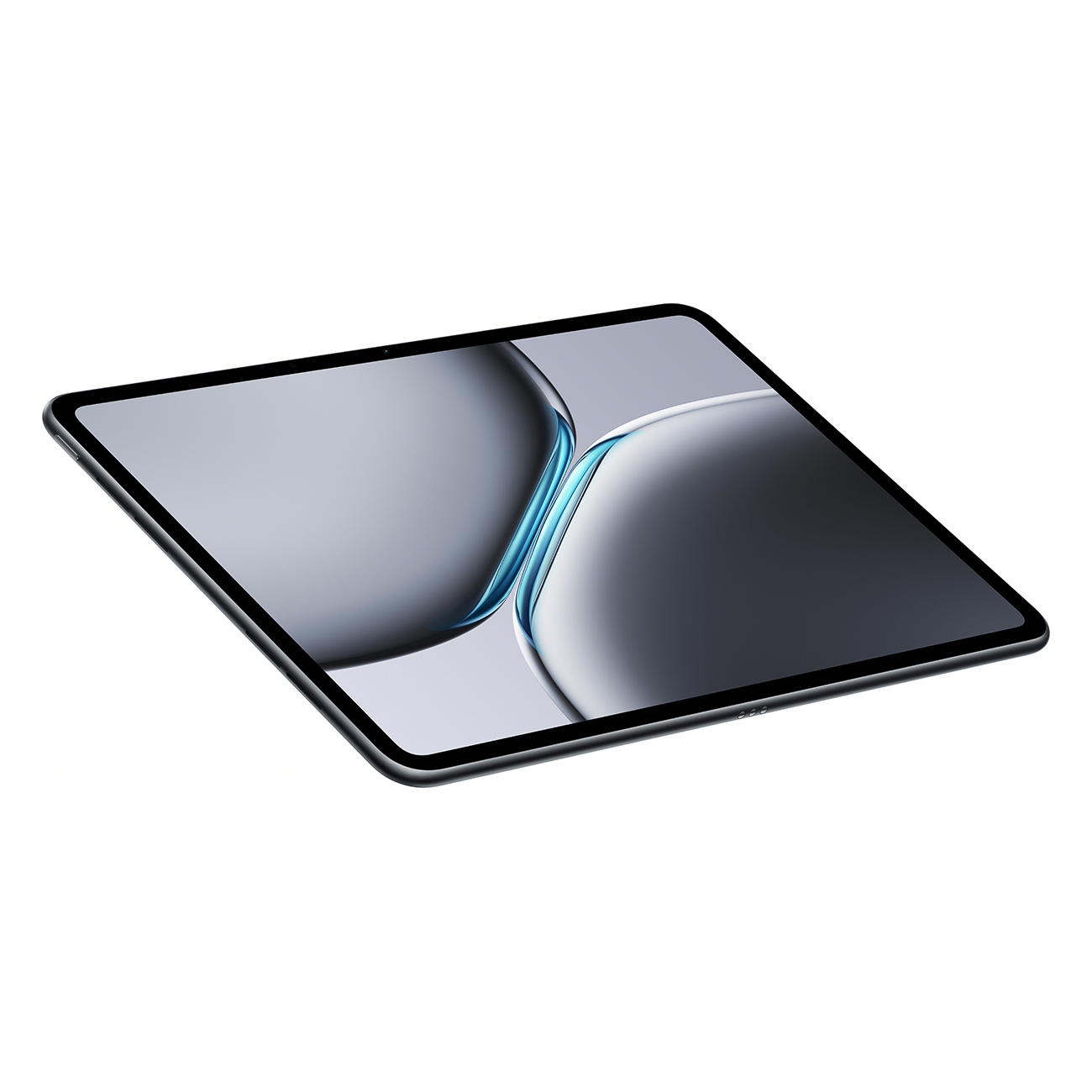 Tablet o eleganckim designie, czarnej ramce i żywym ekranie. Pokazuje dynamiczny obraz.