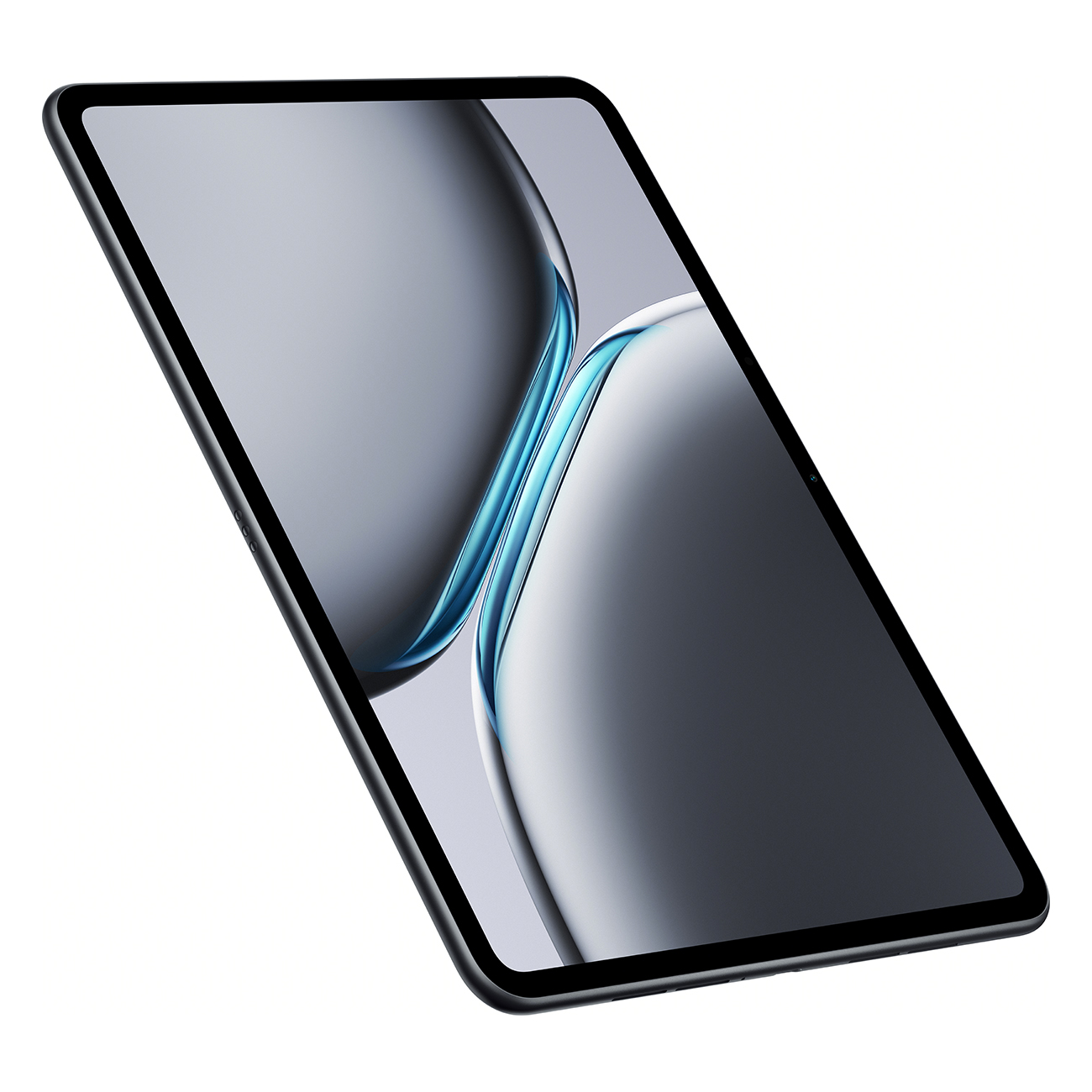 Tablet, widok pod kątem. Czarna ramka, szary ekran, białe tło.