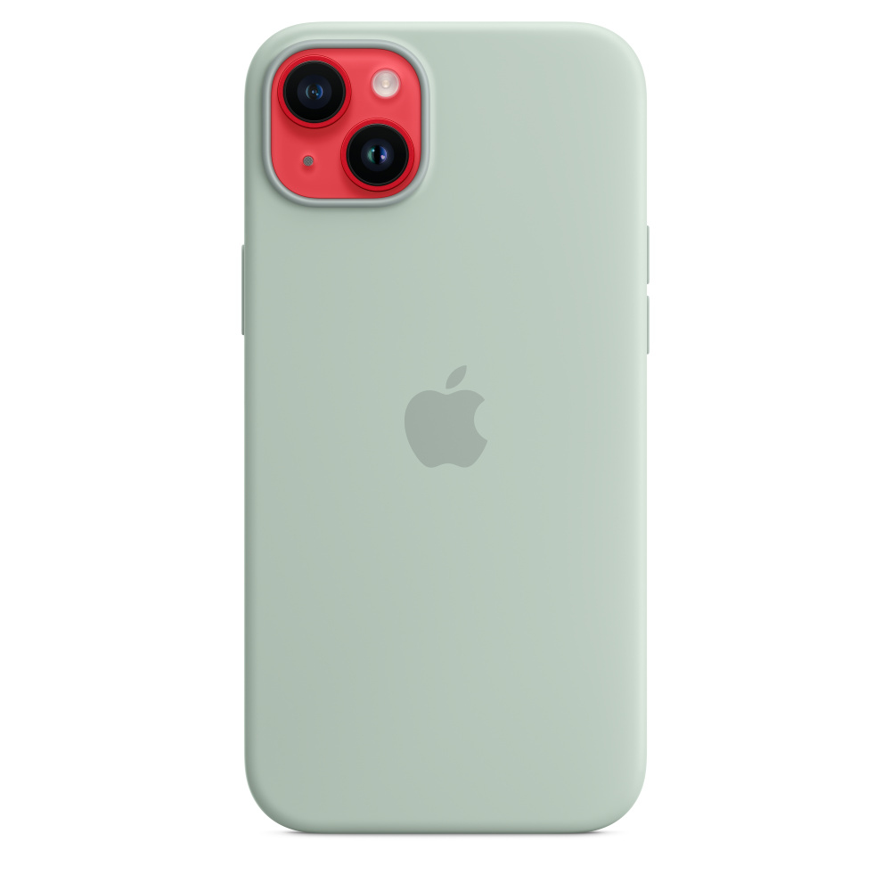 Een lichtgroene iPhone met een rood camera-gedeelte en het Apple-logo op de achterkant.