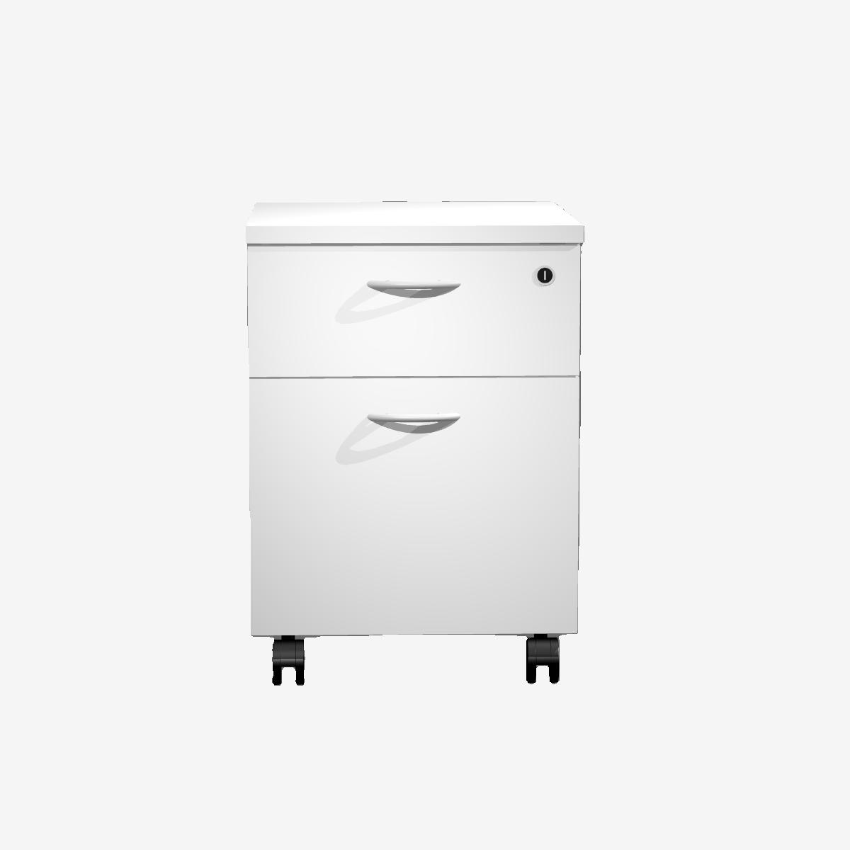 Un archivador blanco de dos cajones sobre ruedas.