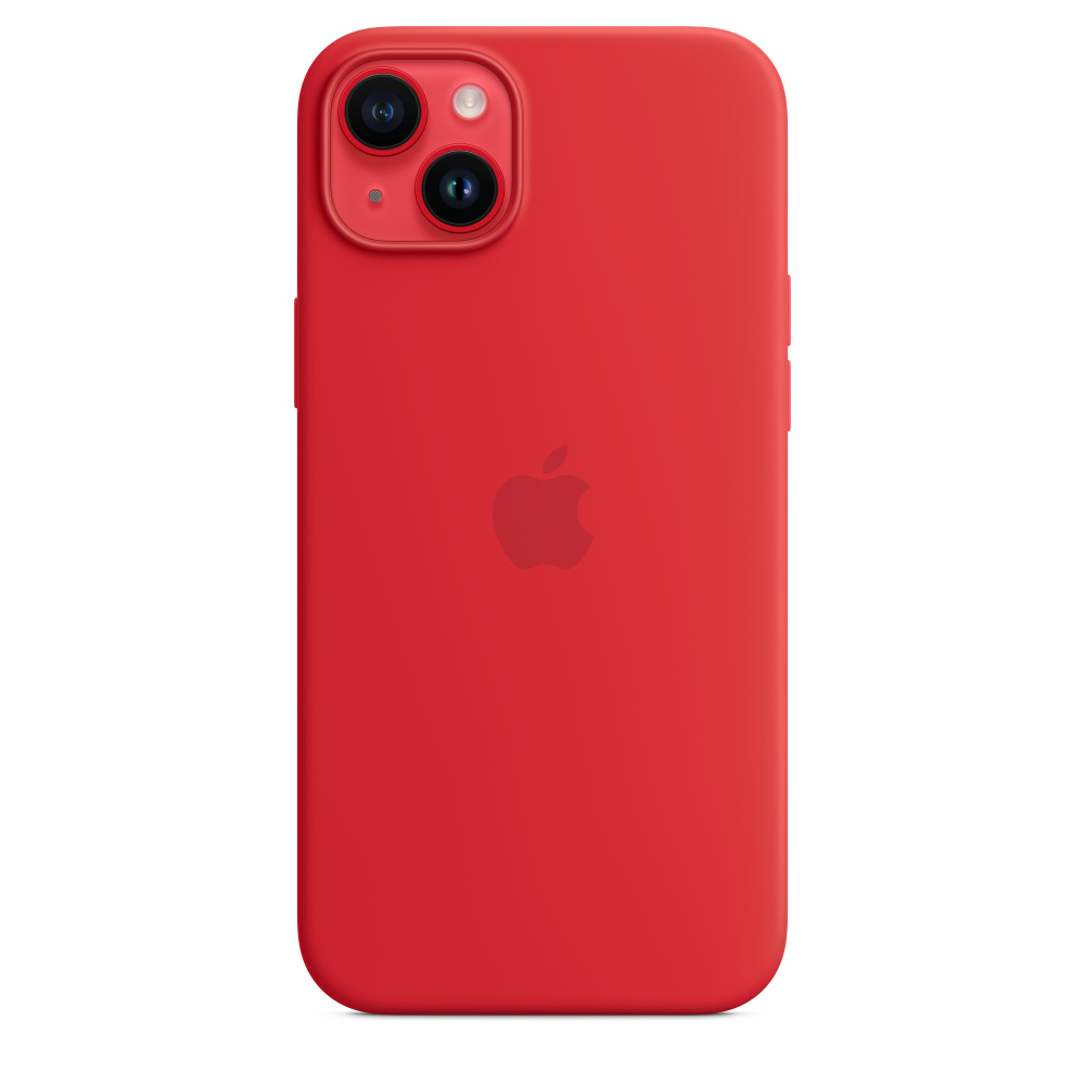 Rode iPhone met camera en Apple-logo op de achterkant. De telefoon zit in een hoesje.