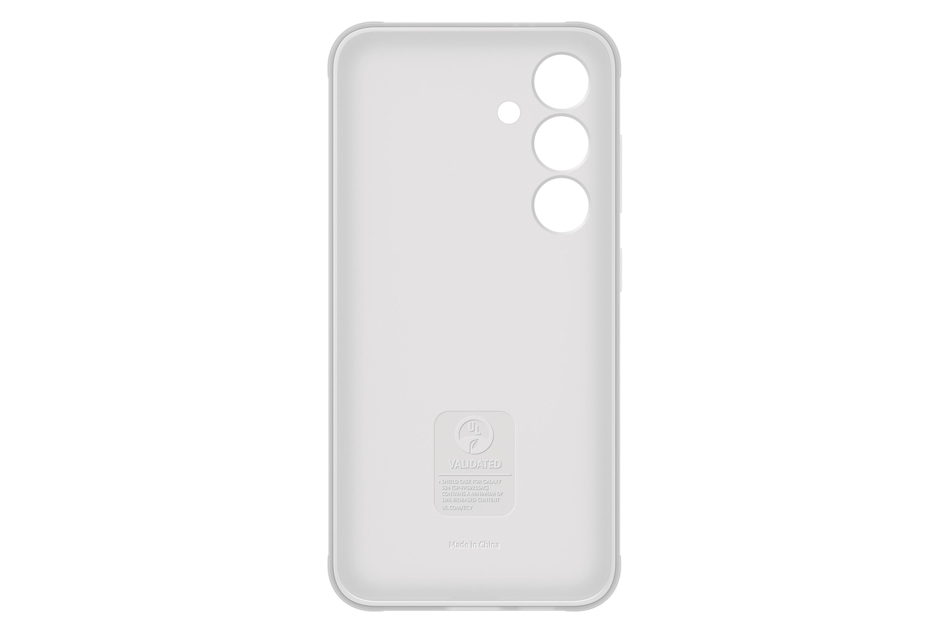 Achterkant van een witte telefoonhoes met logo en tekst, Made in China, op een witte achtergrond.