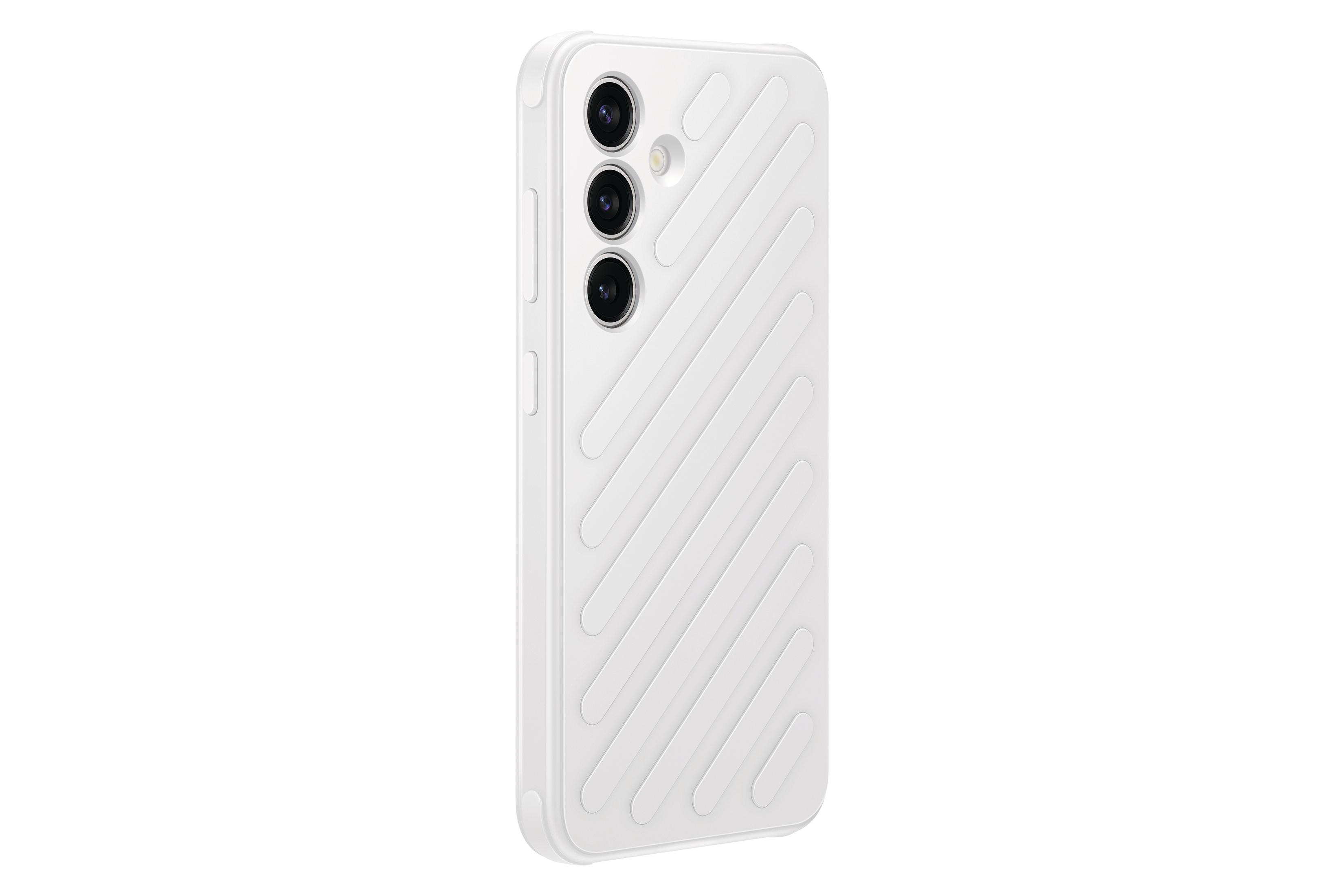Witte telefoonhoes met diagonale lijnen, met een telefoon erin. Witte achtergrond.