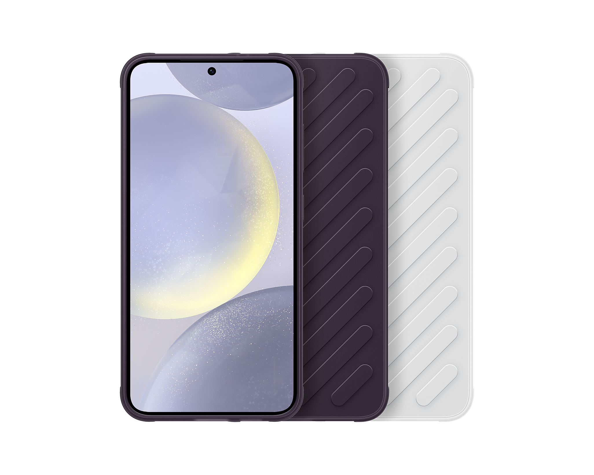 Telefoonhoes in paars met een telefoon erin, witte telefoonhoes rechts. Witte achtergrond.