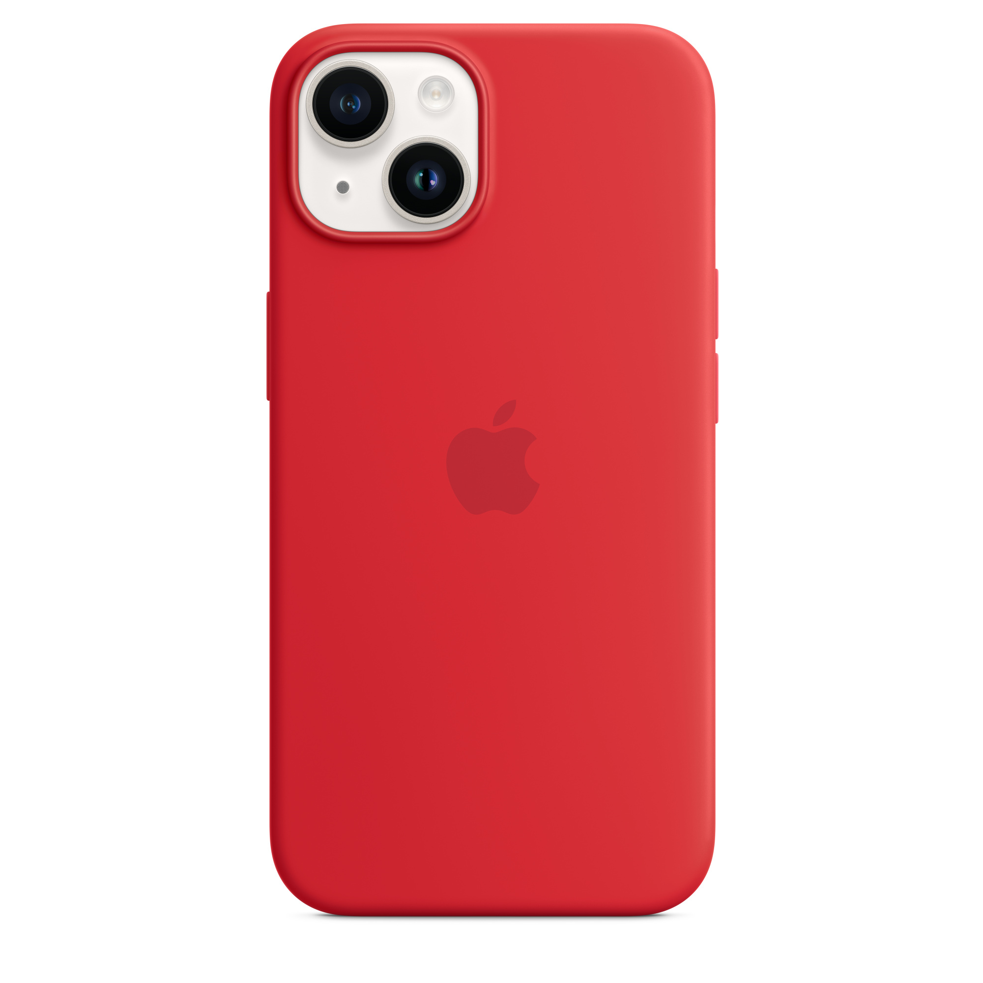 Coque de téléphone rouge avec logo Apple, caméra et boutons. Fond blanc.