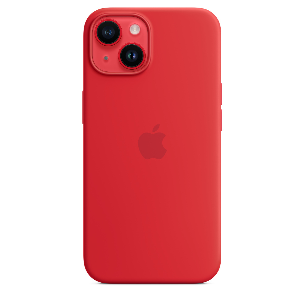 Coque iPhone rouge avec logo Apple et caméra. Deux lentilles visibles.