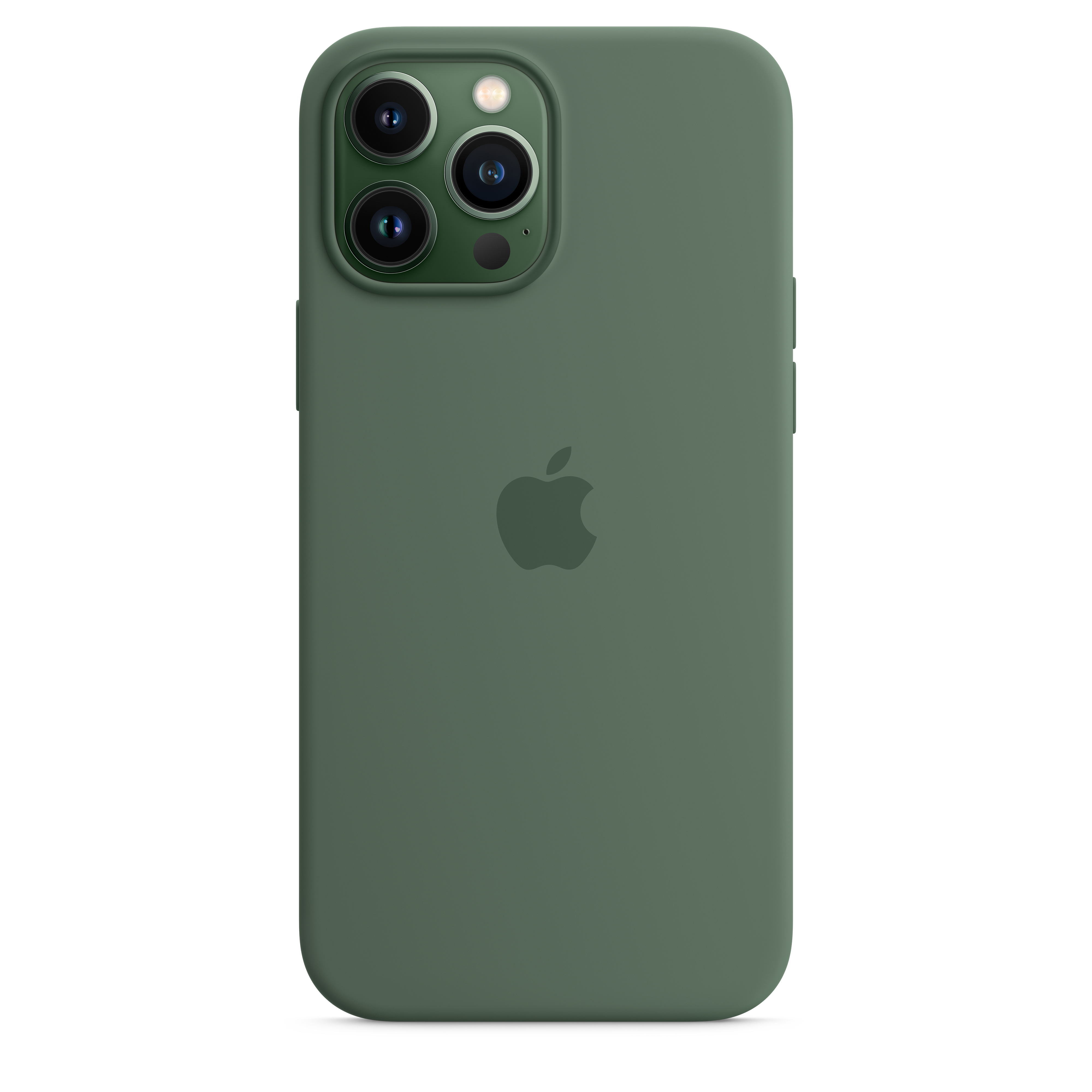 Een groene iPhone-hoes met drie cameralenzen en het Apple-logo wordt getoond.