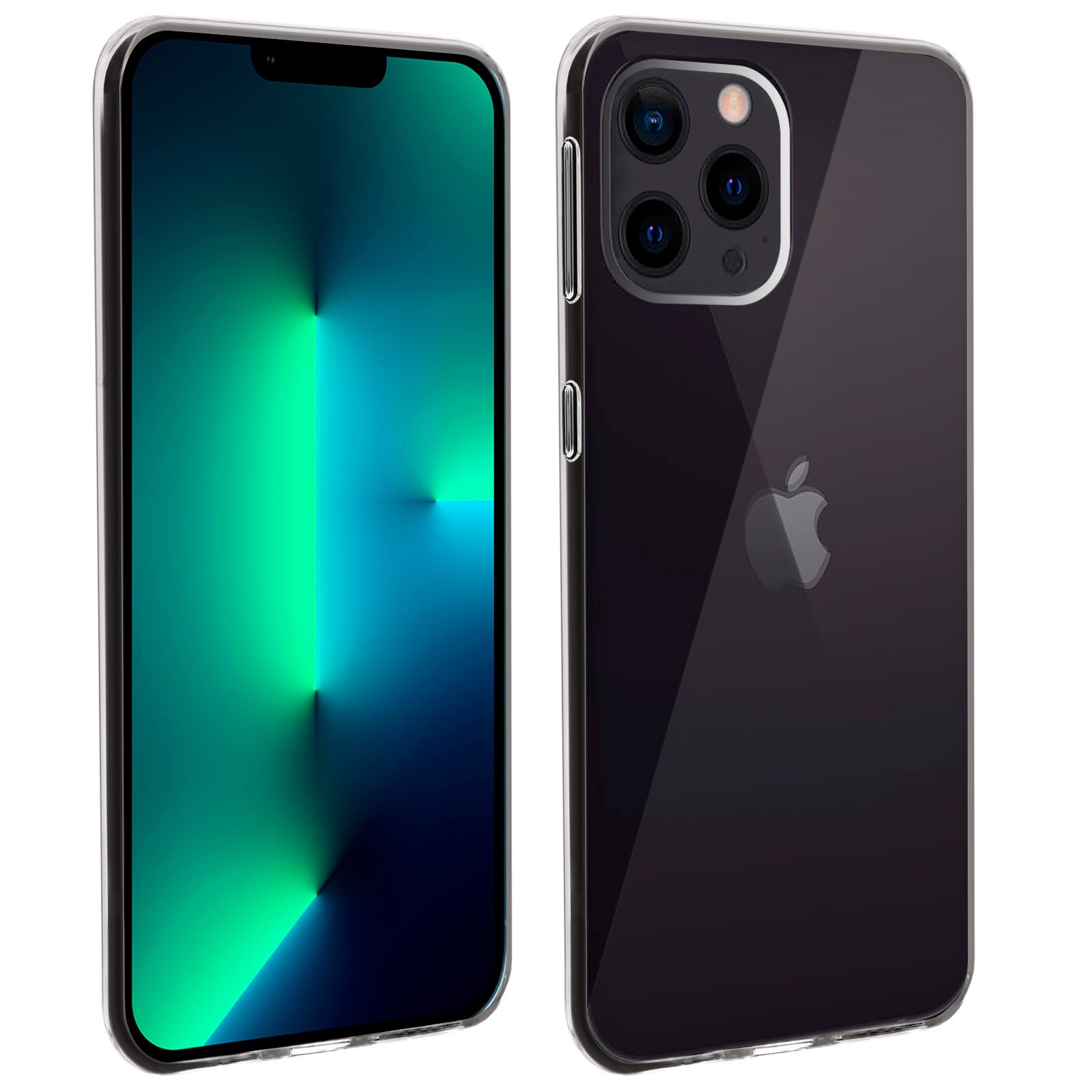 Due telefoni, uno con custodia trasparente e l'altro rivolto verso la fotocamera, sfondo verde.