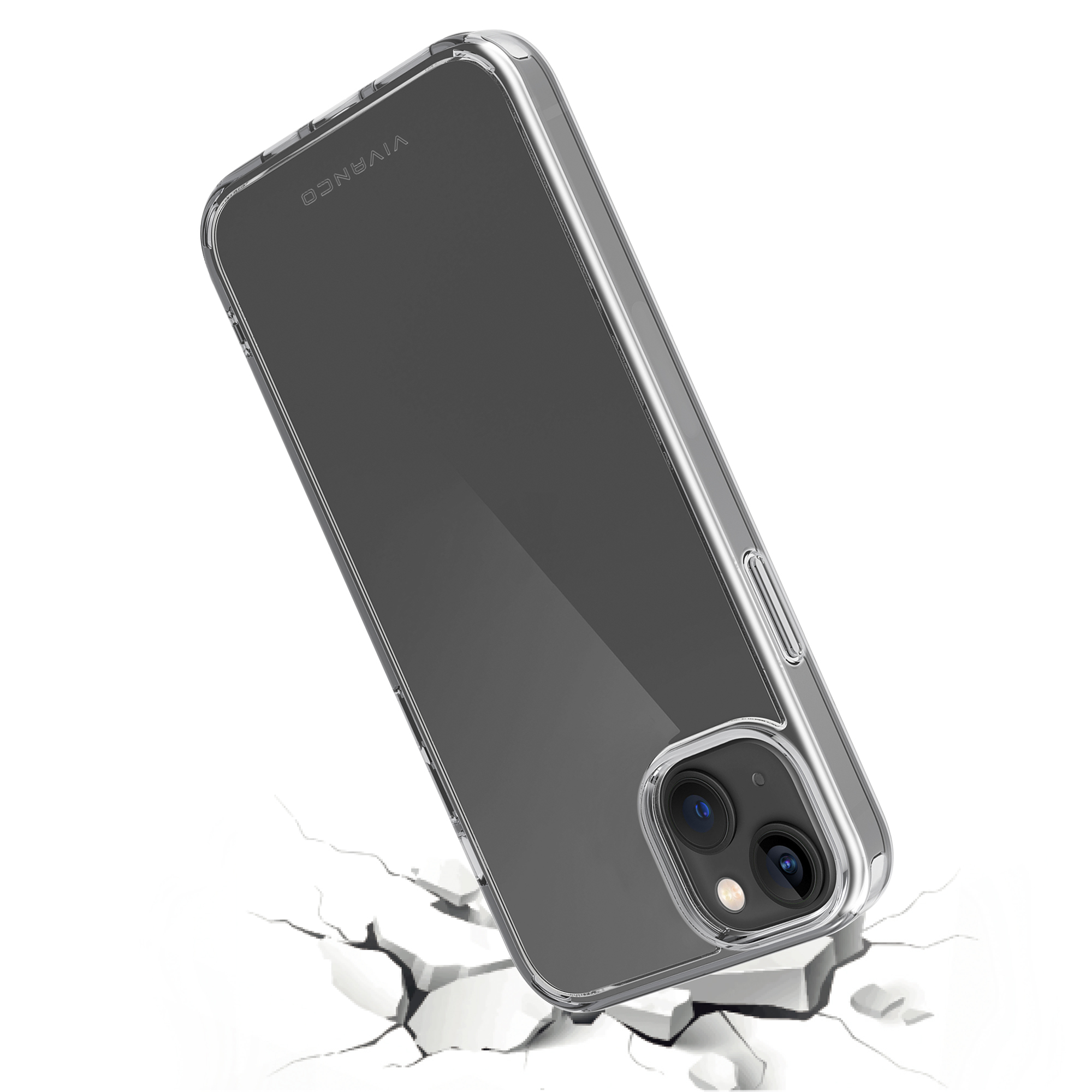 Una custodia trasparente per telefono è su una superficie bianca, con crepe intorno.