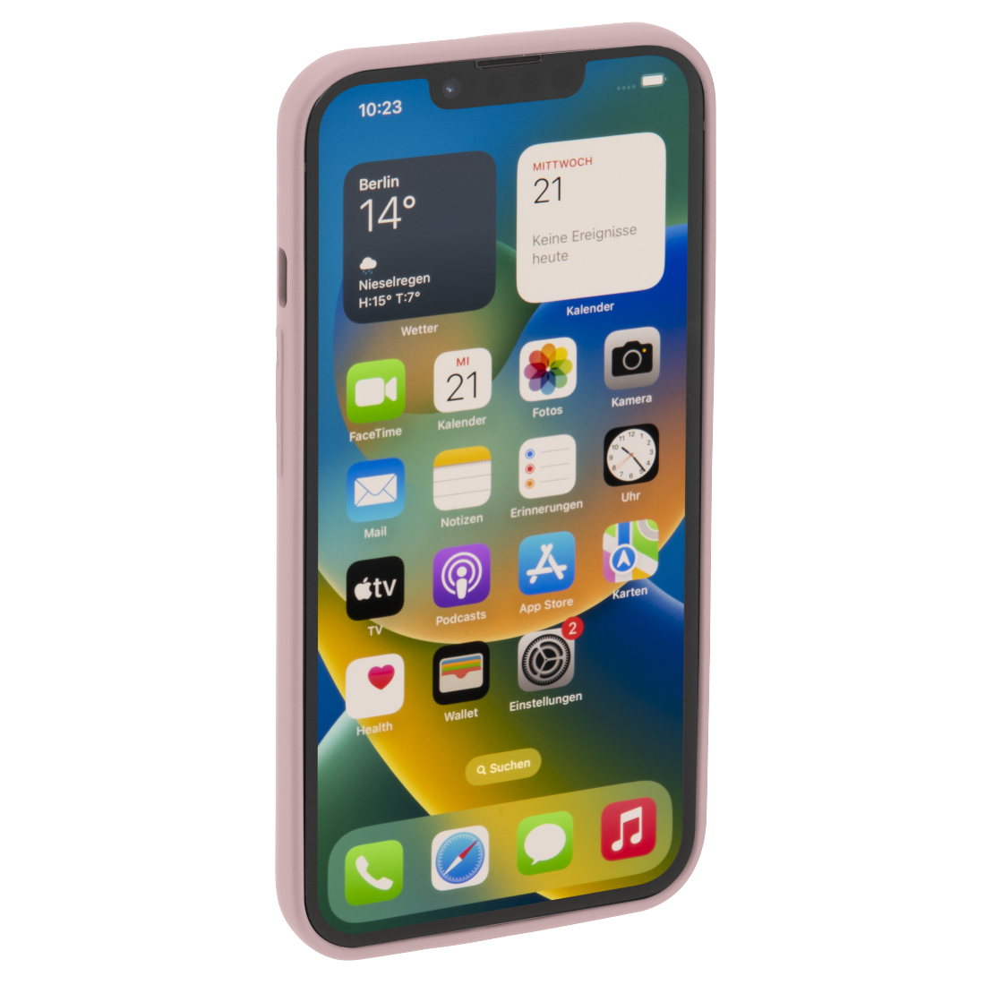 Różowy telefon w różowym etui, z widżetami na ekranie.