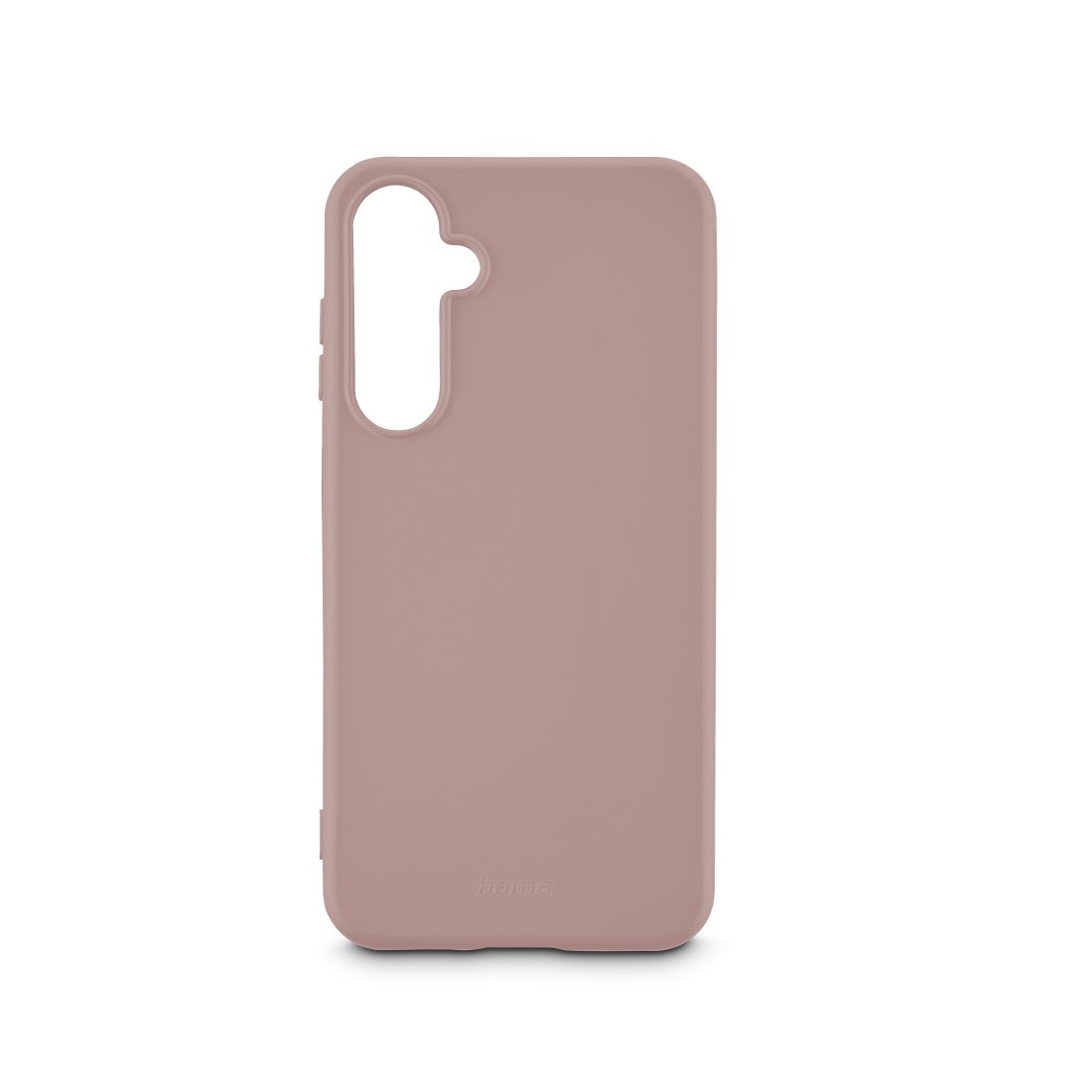 Une coque de téléphone mauve. Elle a une grande découpe pour l'appareil photo. Fond blanc.