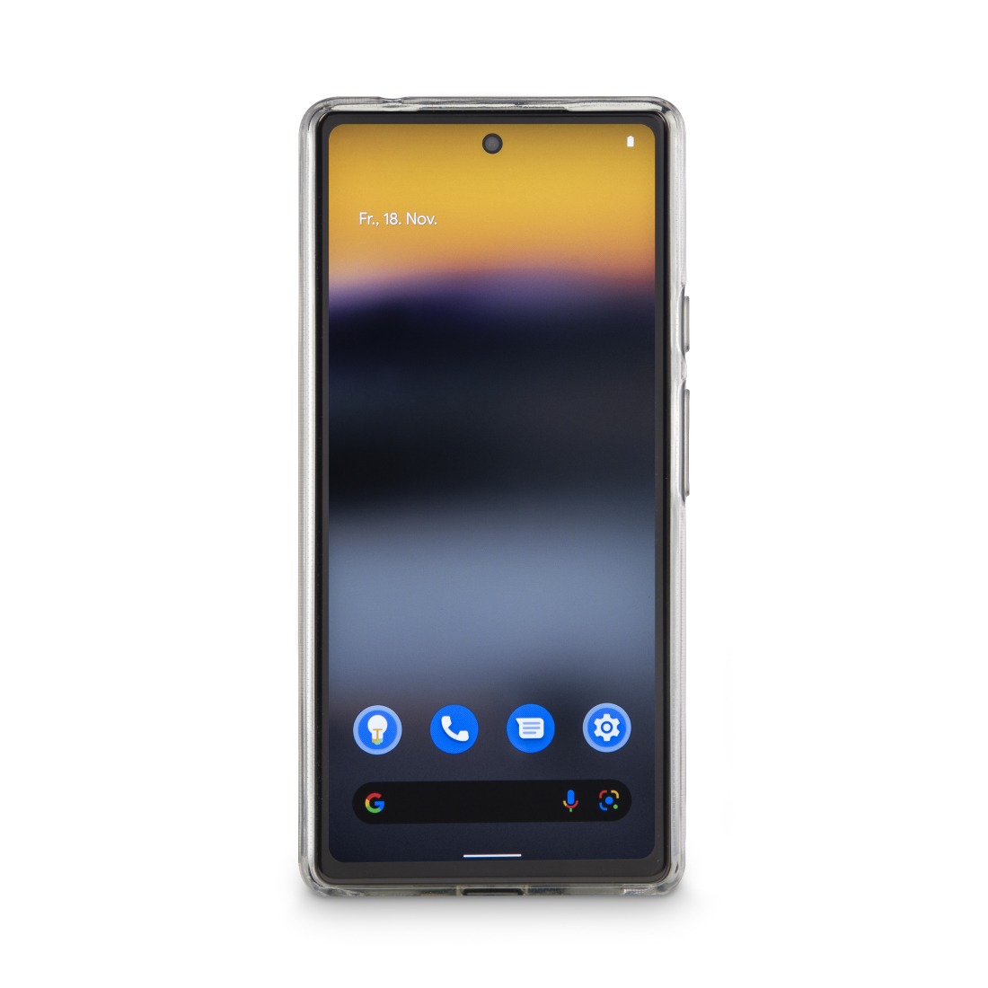Telefono in una custodia trasparente che mostra lo schermo, con icone sullo schermo. Sfondo bianco.