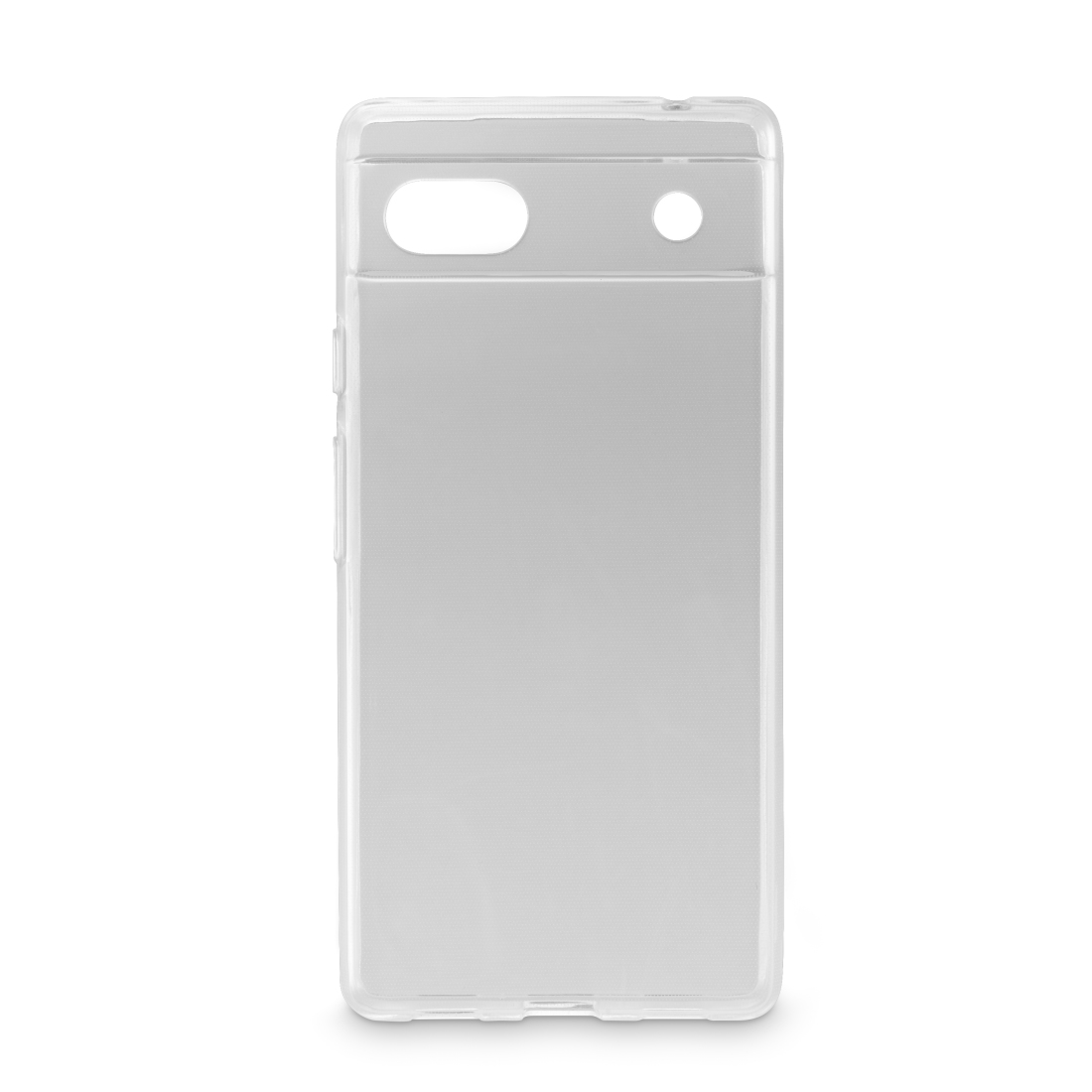 Custodia trasparente per telefono, vista angolata, su sfondo bianco, con fori per fotocamera.