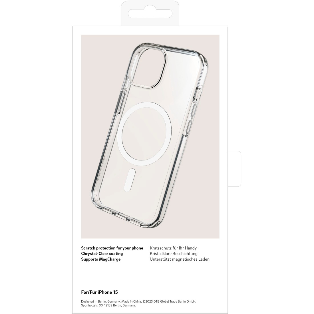 Confezione trasparente della custodia del telefono che mostra l'iPhone 15. Custodia trasparente con cerchio magnetico.