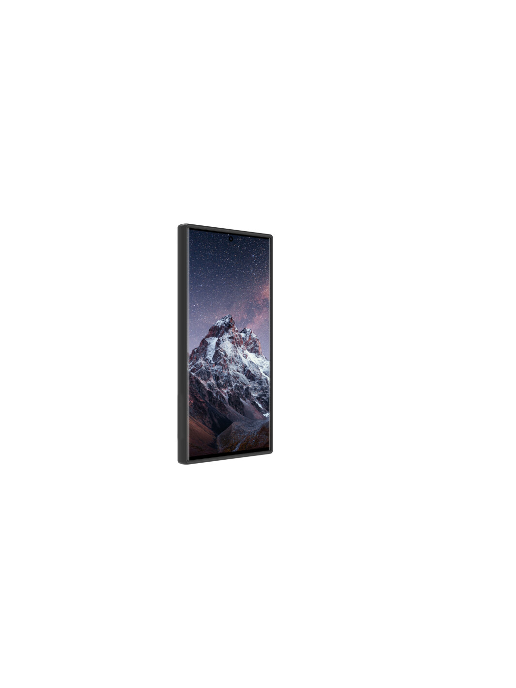 Uno smartphone rettangolare nero che mostra una catena montuosa innevata di notte.